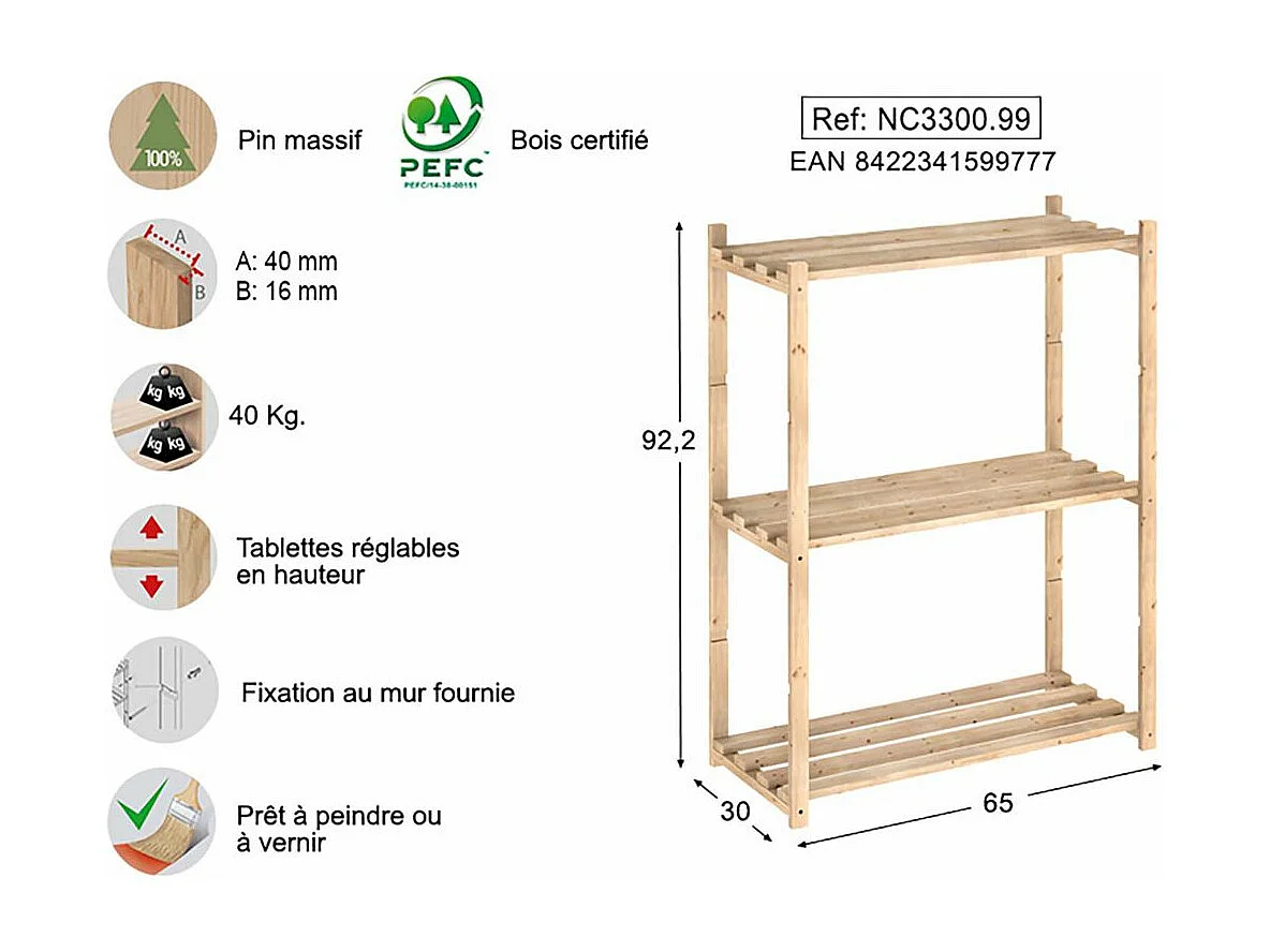 Kit de estantería profundidad 30 cm Natura 3 estantes