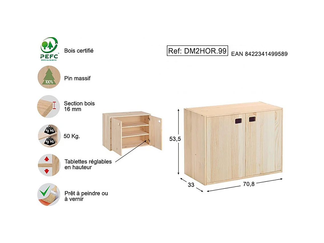 Armoire en pin brut 2 portes 3 tablettes Dinamic