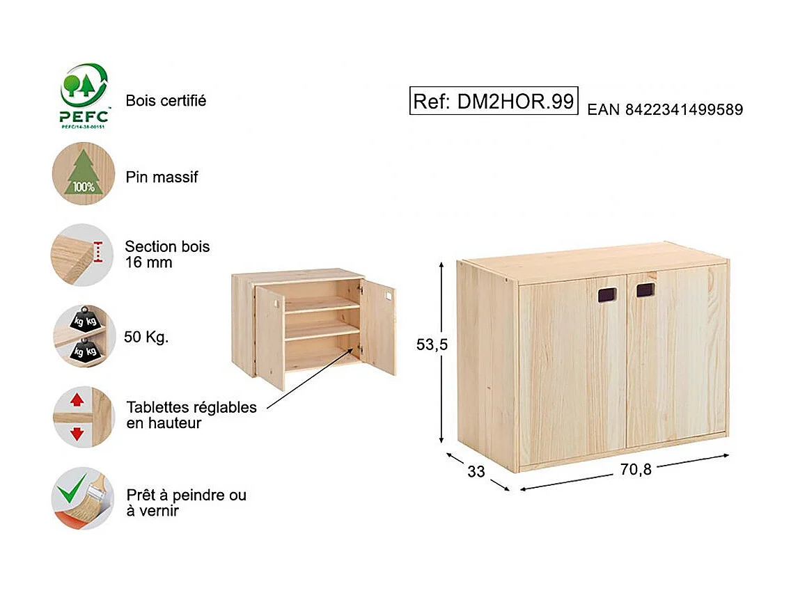 Armoire en pin brut 2 portes 3 tablettes Dinamic