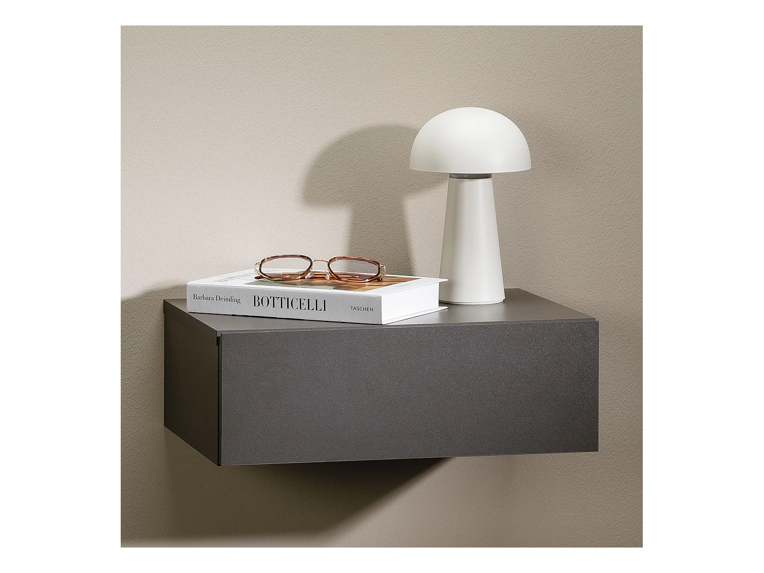 Chevet suspendu OCEANE, étagère murale avec 1 tiroir sans poignée, en bois gris mat