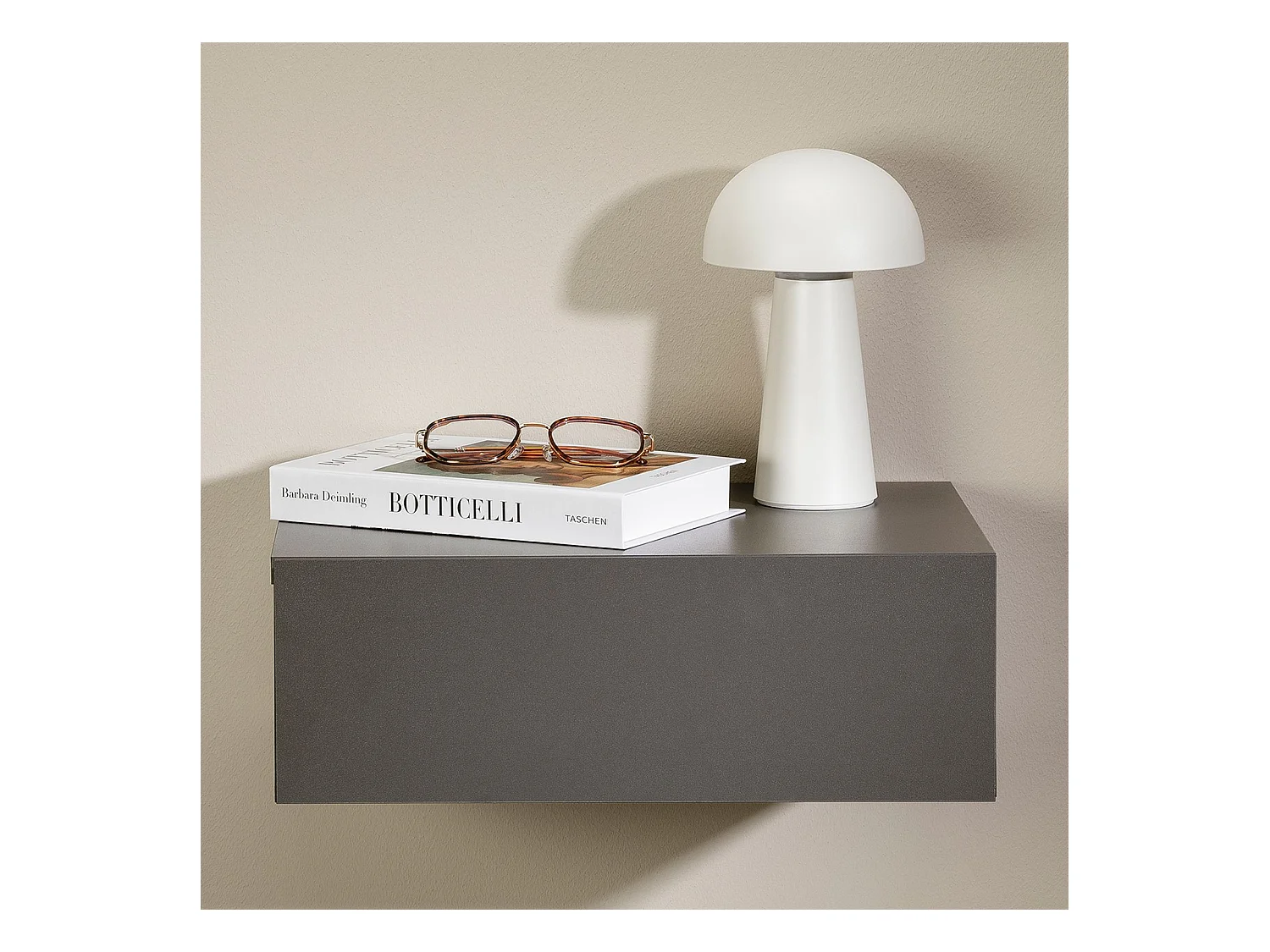 Chevet suspendu OCEANE, étagère murale avec 1 tiroir sans poignée, en bois gris mat