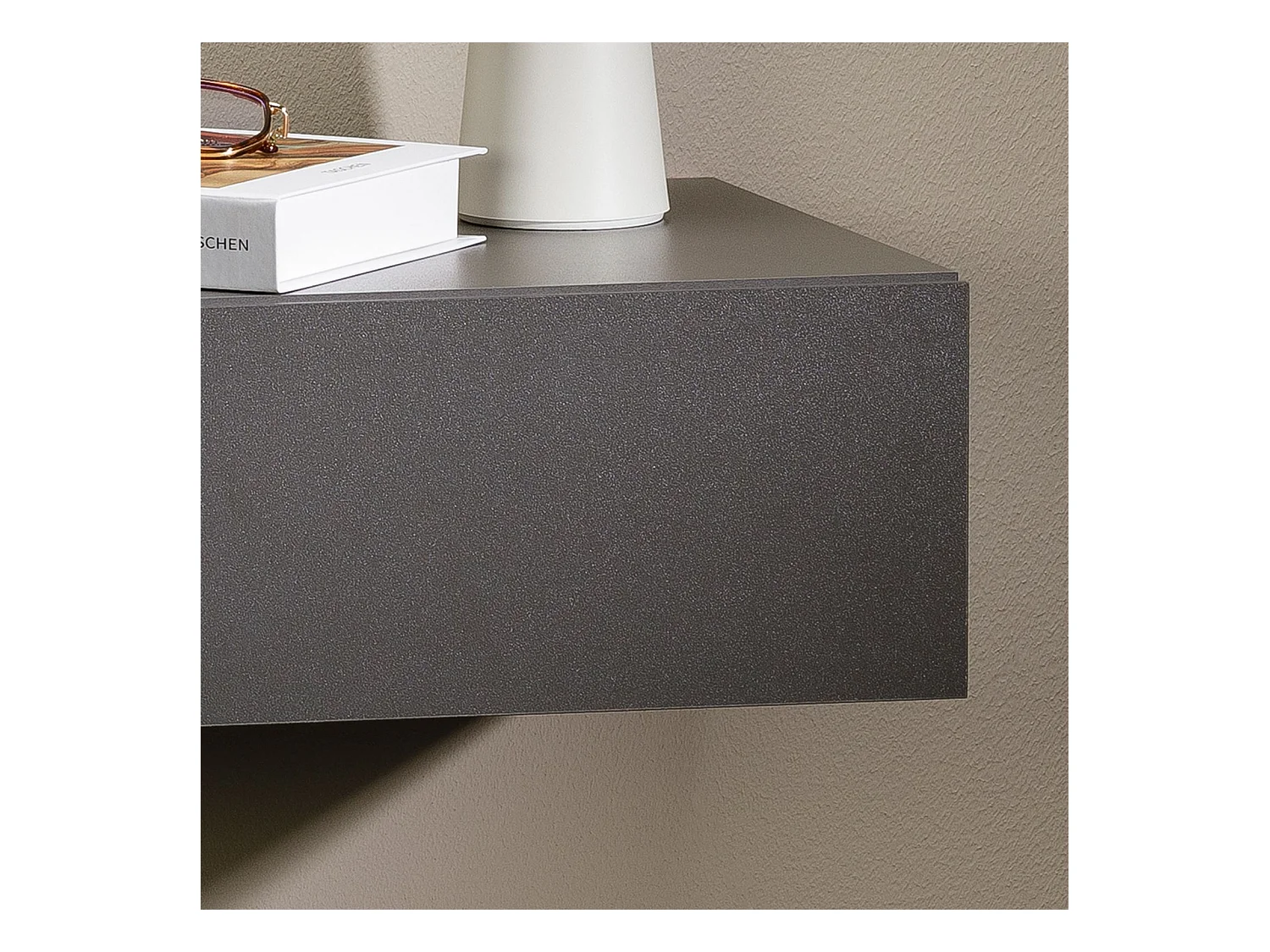 Chevet suspendu OCEANE, étagère murale avec 1 tiroir sans poignée, en bois gris mat