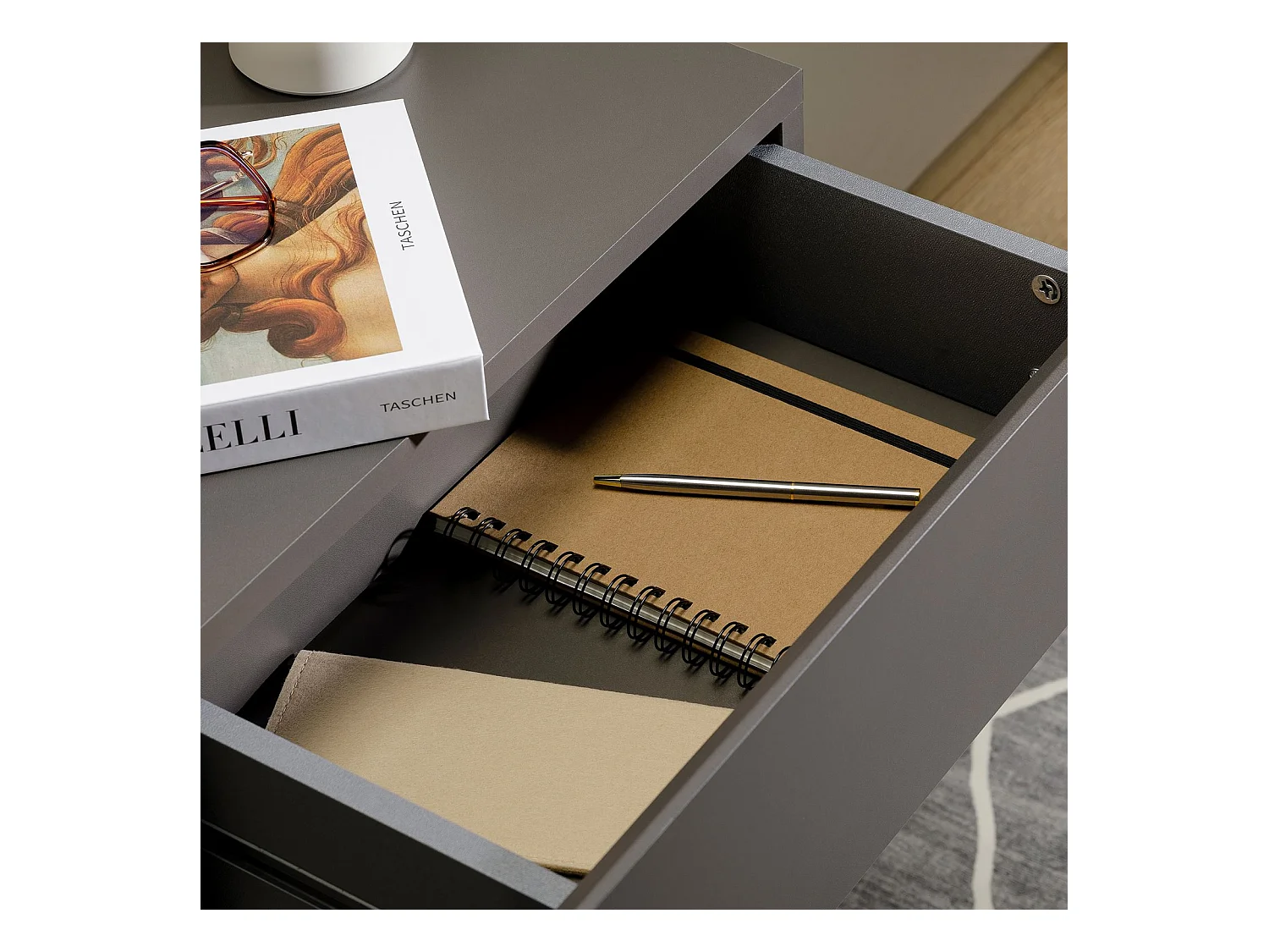 Chevet suspendu OCEANE, étagère murale avec 1 tiroir sans poignée, en bois gris mat