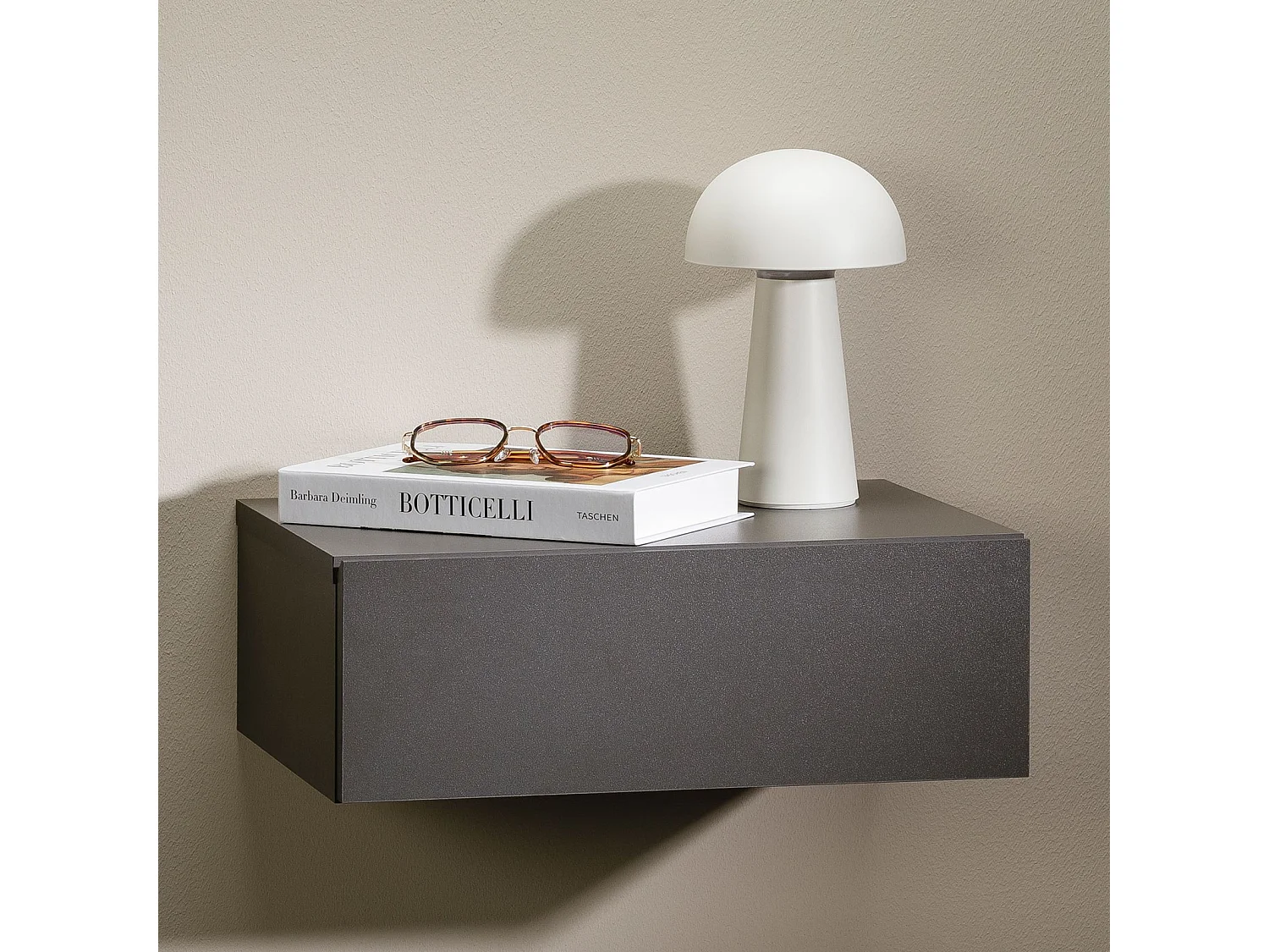 Chevet suspendu OCEANE, étagère murale avec 1 tiroir sans poignée, en bois gris mat