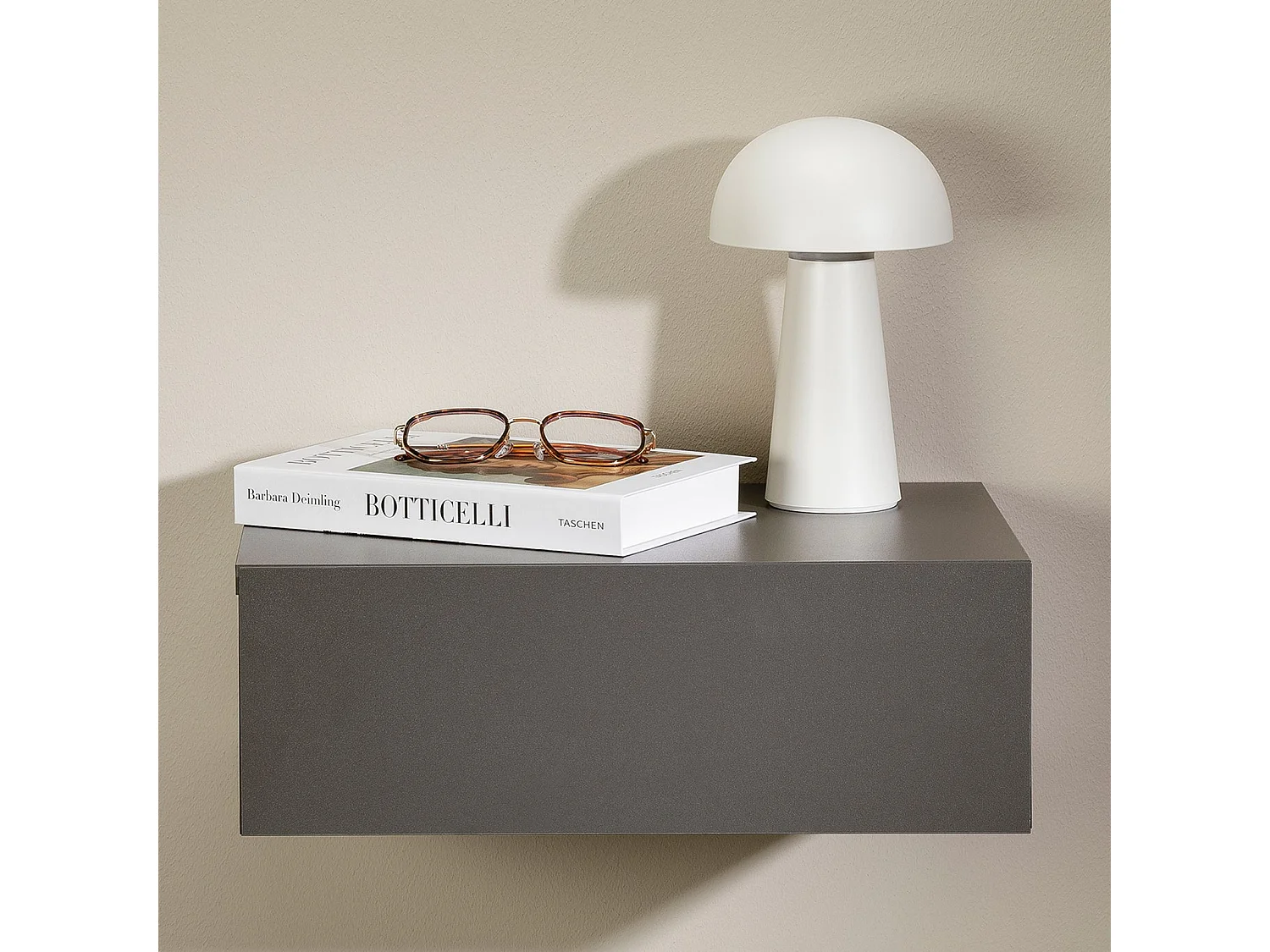 Chevet suspendu OCEANE, étagère murale avec 1 tiroir sans poignée, en bois gris mat