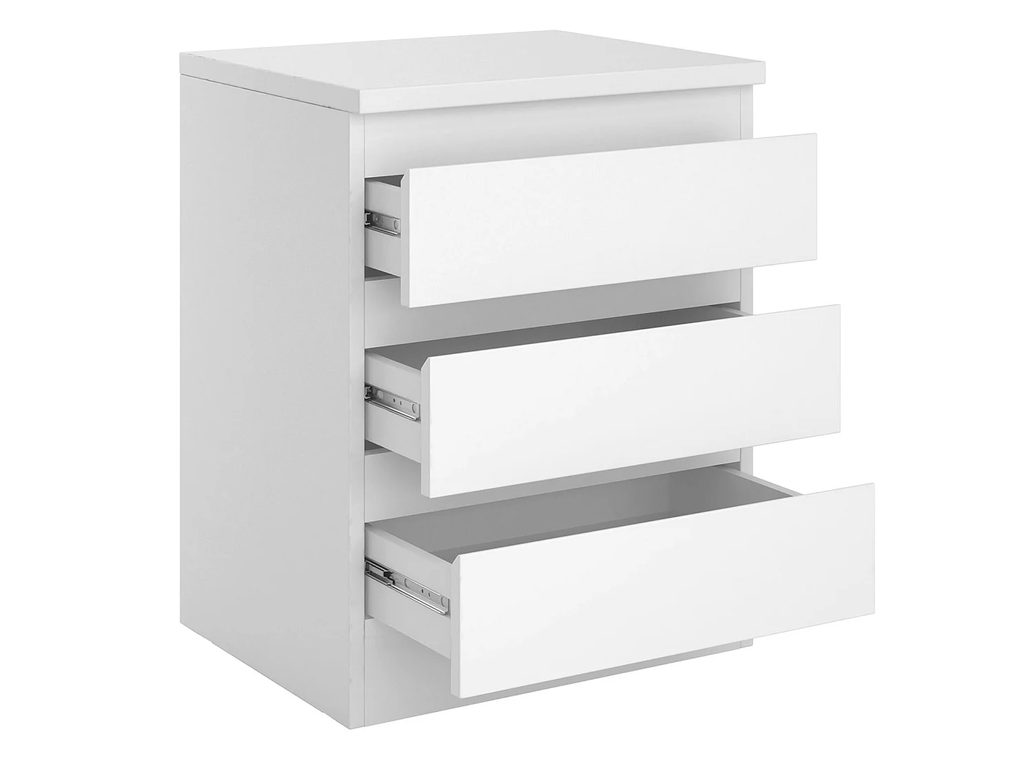 Table de chevet BURGOS, commode table de nuit avec 3 tiroirs sans poignée, en mélaminé blanc mat