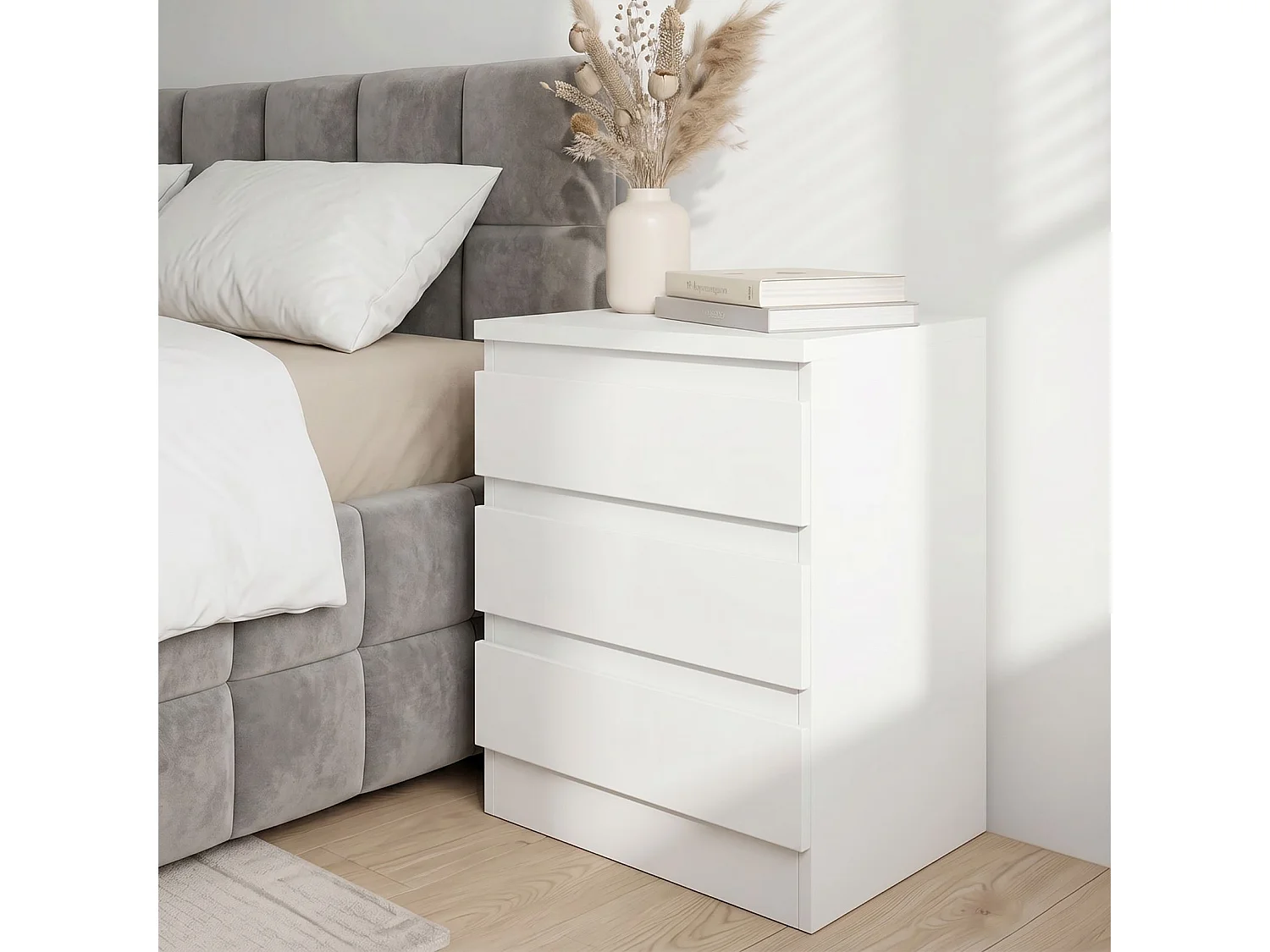 Table de chevet BURGOS, commode table de nuit avec 3 tiroirs sans poignée, en mélaminé blanc mat