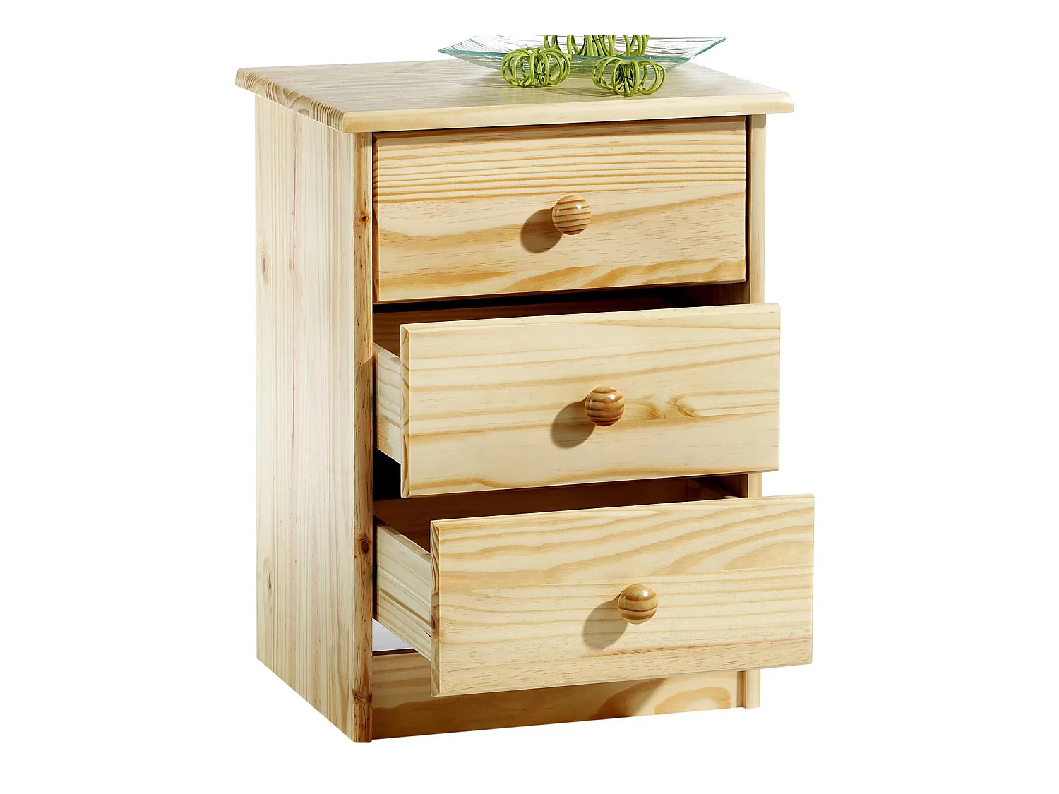 Table de chevet RONDO table de nuit avec 3 tiroirs en pin massif vernis naturel