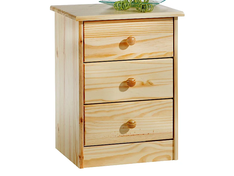 Table de chevet RONDO table de nuit avec 3 tiroirs en pin massif vernis naturel