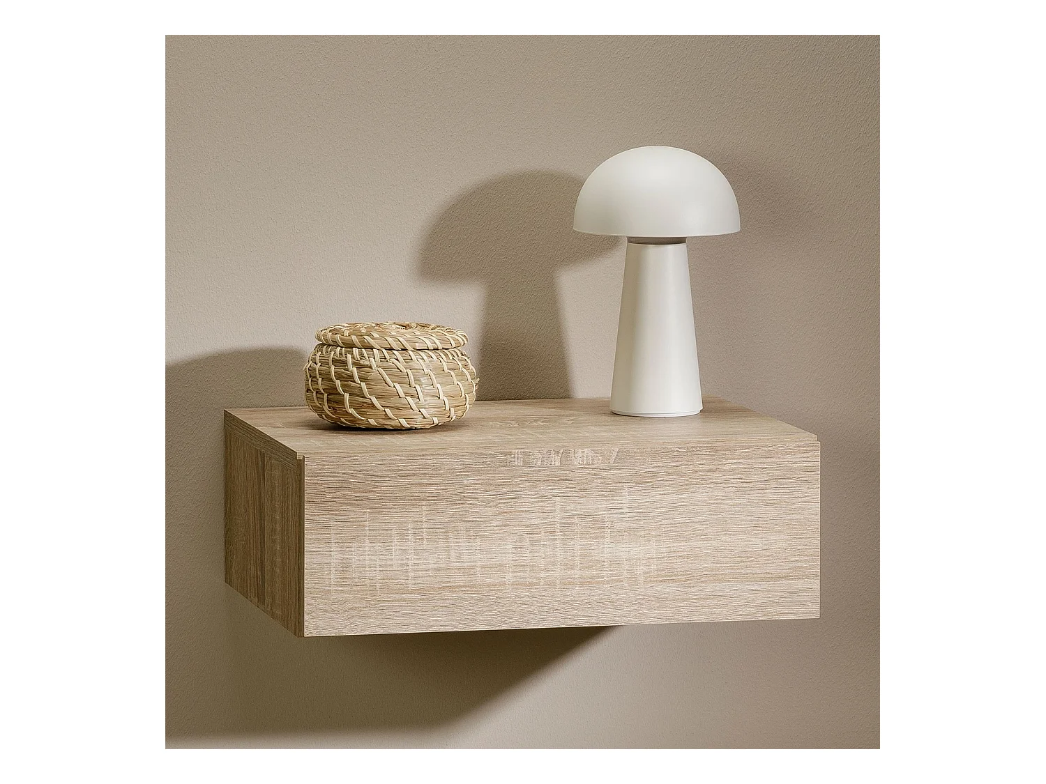 Chevet suspendu OCEANE, étagère murale avec 1 tiroir sans poignée, en bois décor chêne sonoma