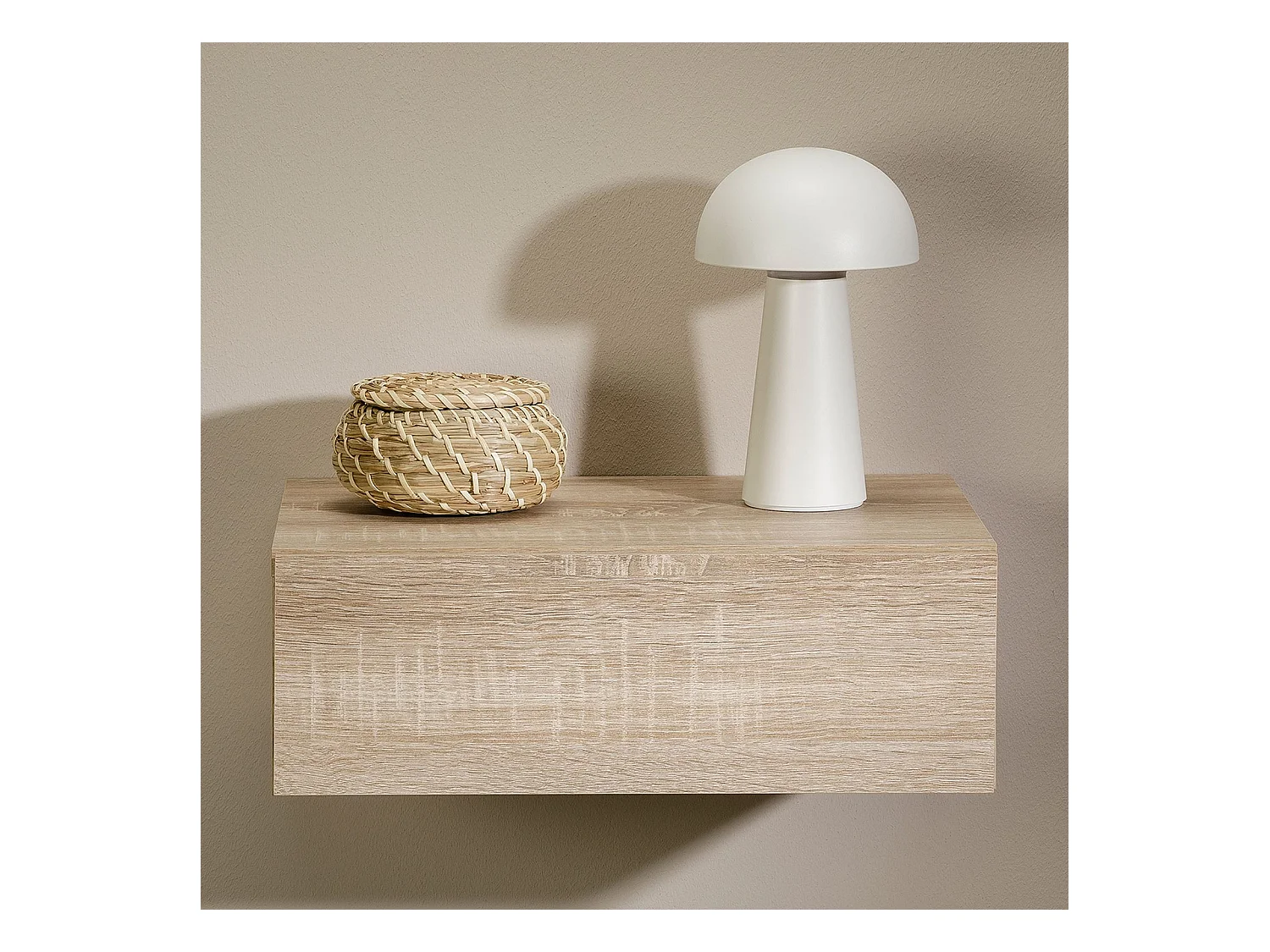 Chevet suspendu OCEANE, étagère murale avec 1 tiroir sans poignée, en bois décor chêne sonoma