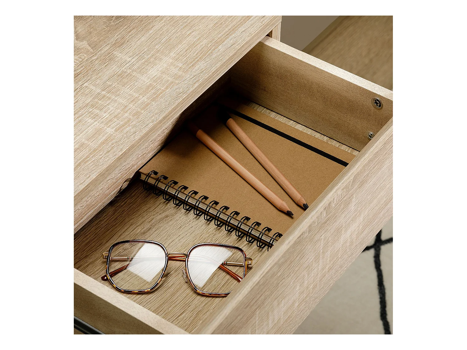 Chevet suspendu OCEANE, étagère murale avec 1 tiroir sans poignée, en bois décor chêne sonoma