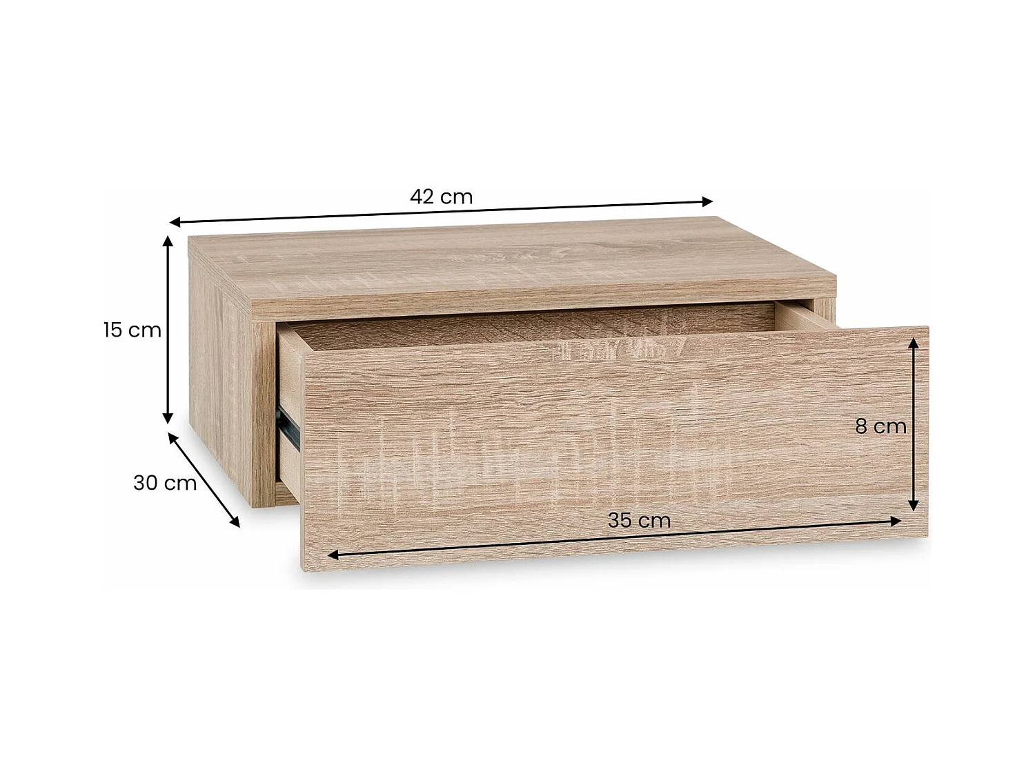 Chevet suspendu OCEANE, étagère murale avec 1 tiroir sans poignée, en bois décor chêne sonoma