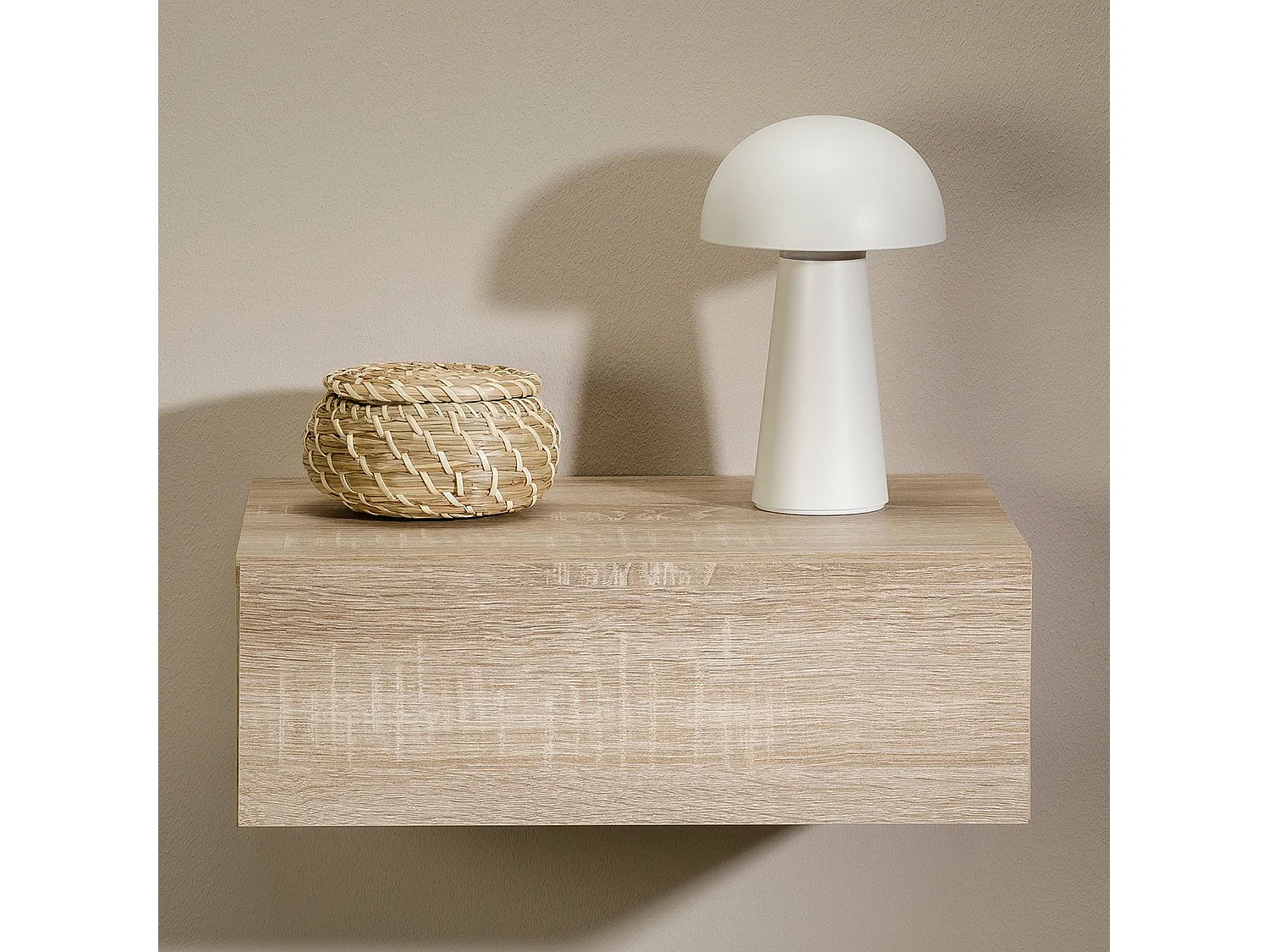 Chevet suspendu OCEANE, étagère murale avec 1 tiroir sans poignée, en bois décor chêne sonoma