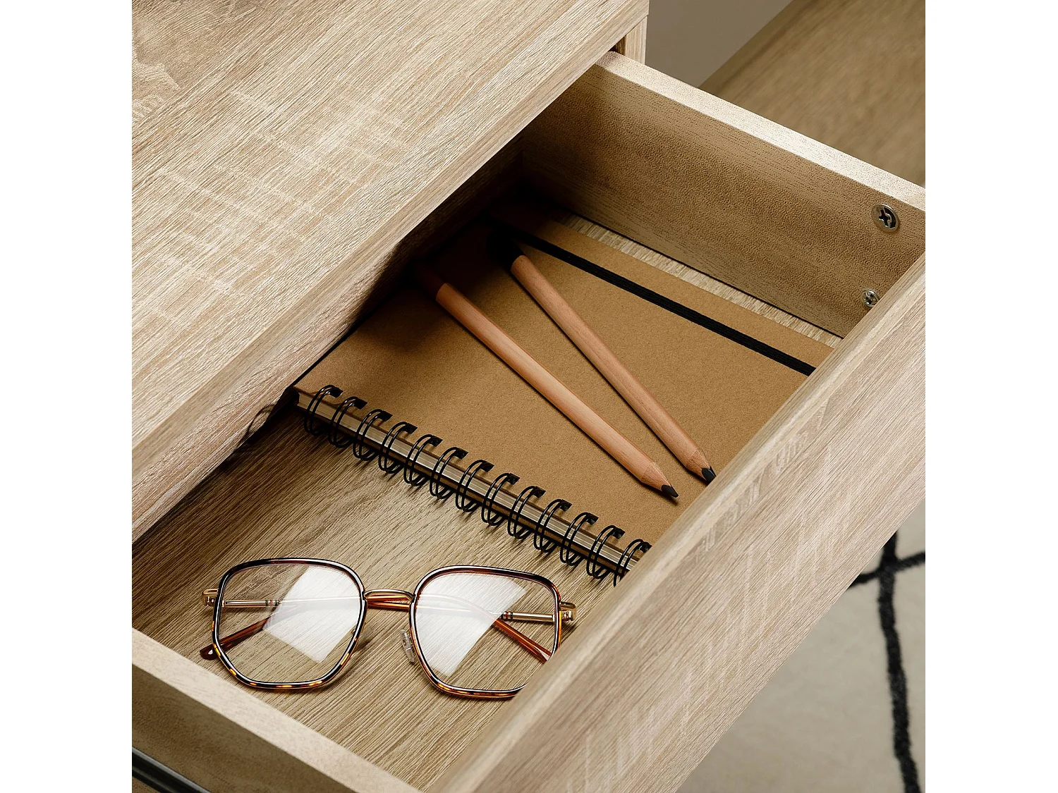 Chevet suspendu OCEANE, étagère murale avec 1 tiroir sans poignée, en bois décor chêne sonoma