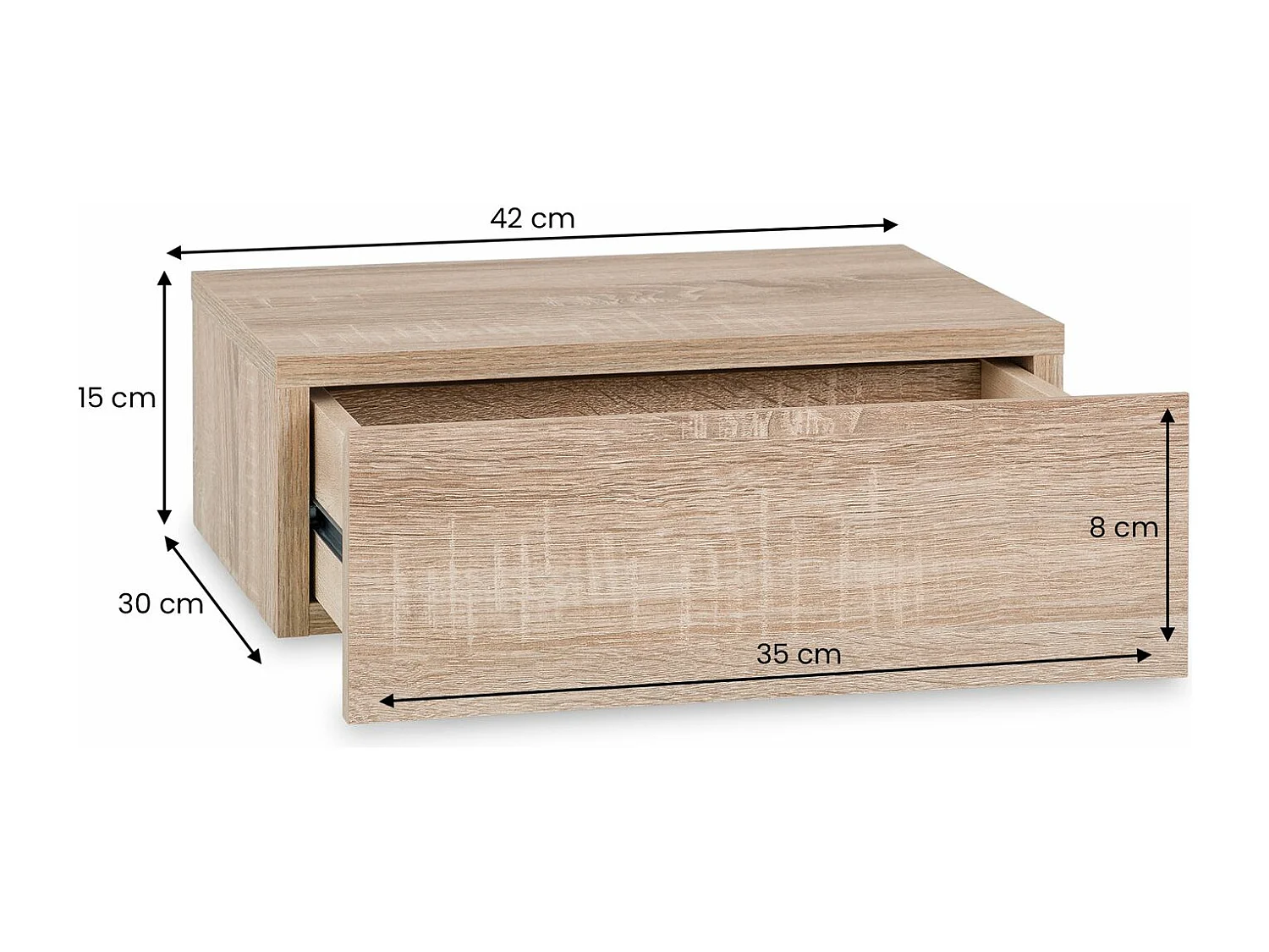 Chevet suspendu OCEANE, étagère murale avec 1 tiroir sans poignée, en bois décor chêne sonoma