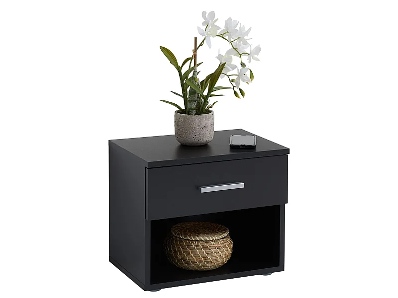 Table de chevet MAEL, table de nuit casier avec 1 tiroir et 1 niche, en mélaminé noir mat
