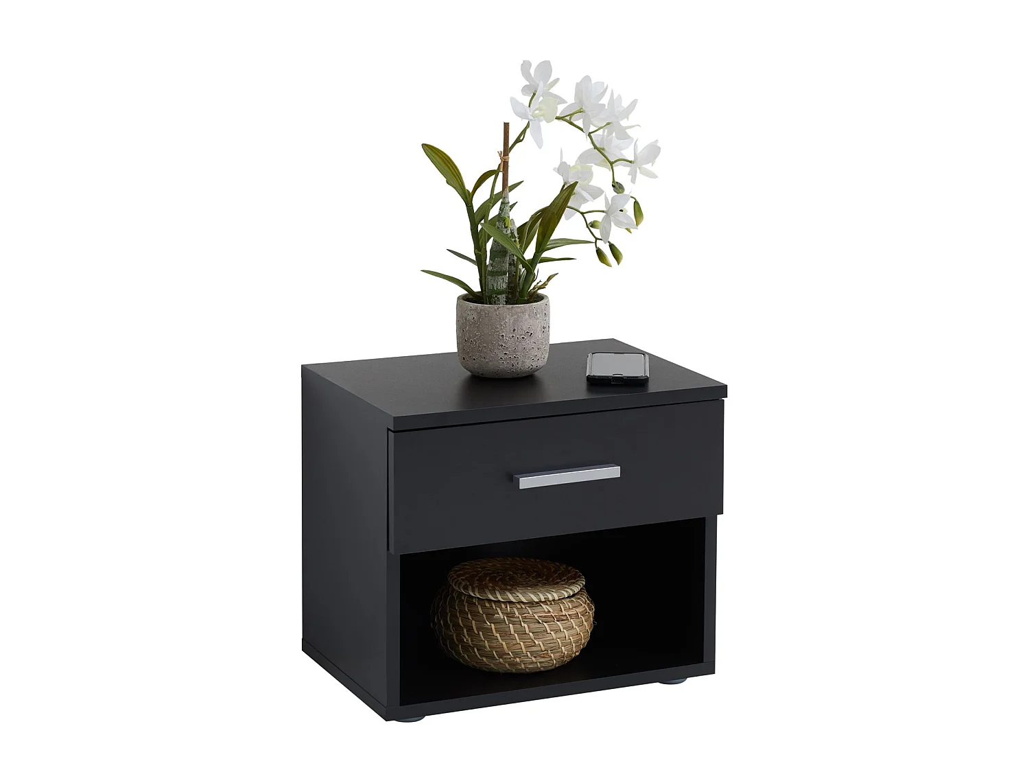 Table de chevet MAEL, table de nuit casier avec 1 tiroir et 1 niche, en mélaminé noir mat