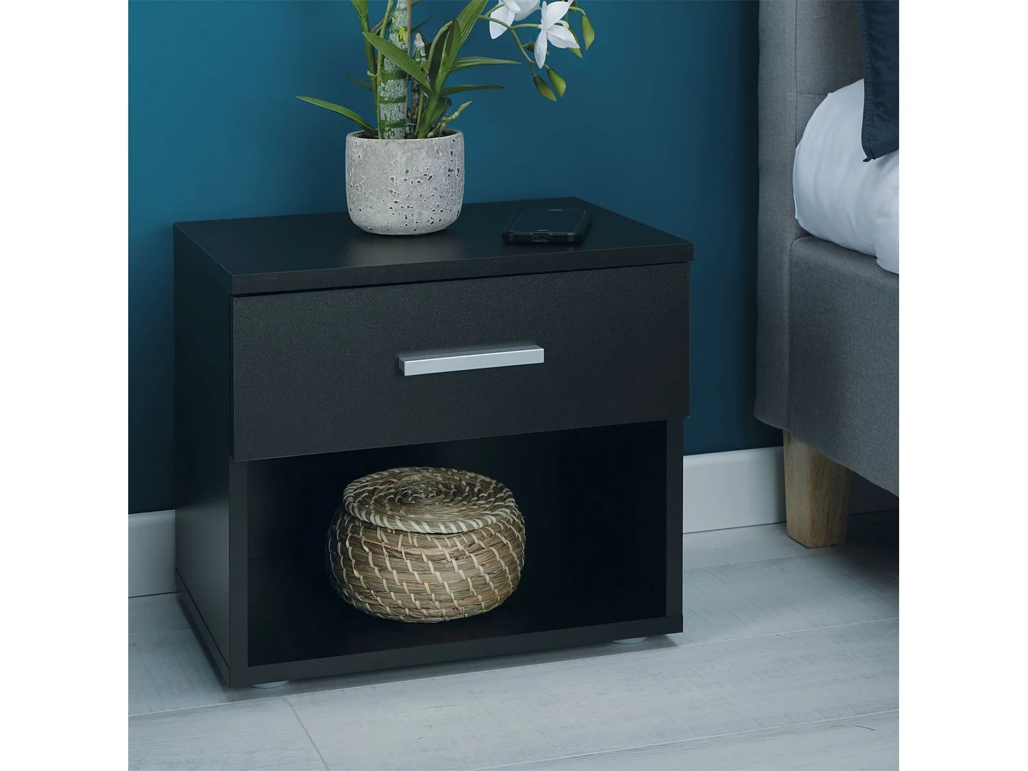 Table de chevet MAEL, table de nuit casier avec 1 tiroir et 1 niche, en mélaminé noir mat