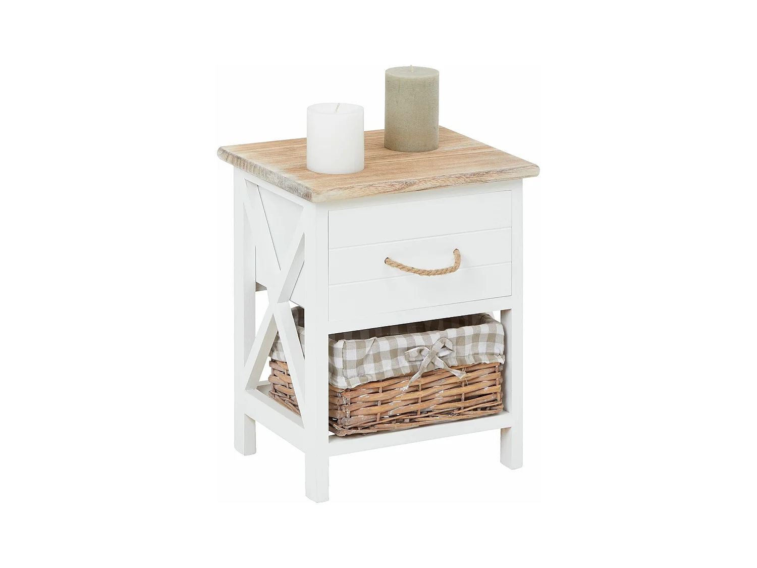 Table de chevet PERUGIA table de nuit 1 tiroir et 1 panier en bois de paulownia style shabby chic vintage rustique campagnard blanc