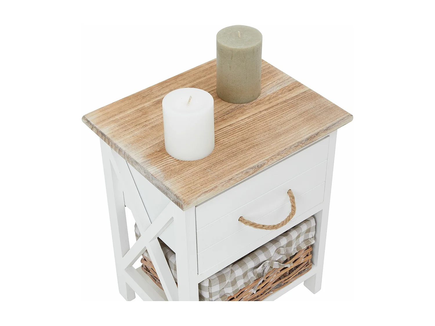 Table de chevet PERUGIA table de nuit 1 tiroir et 1 panier en bois de paulownia style shabby chic vintage rustique campagnard blanc