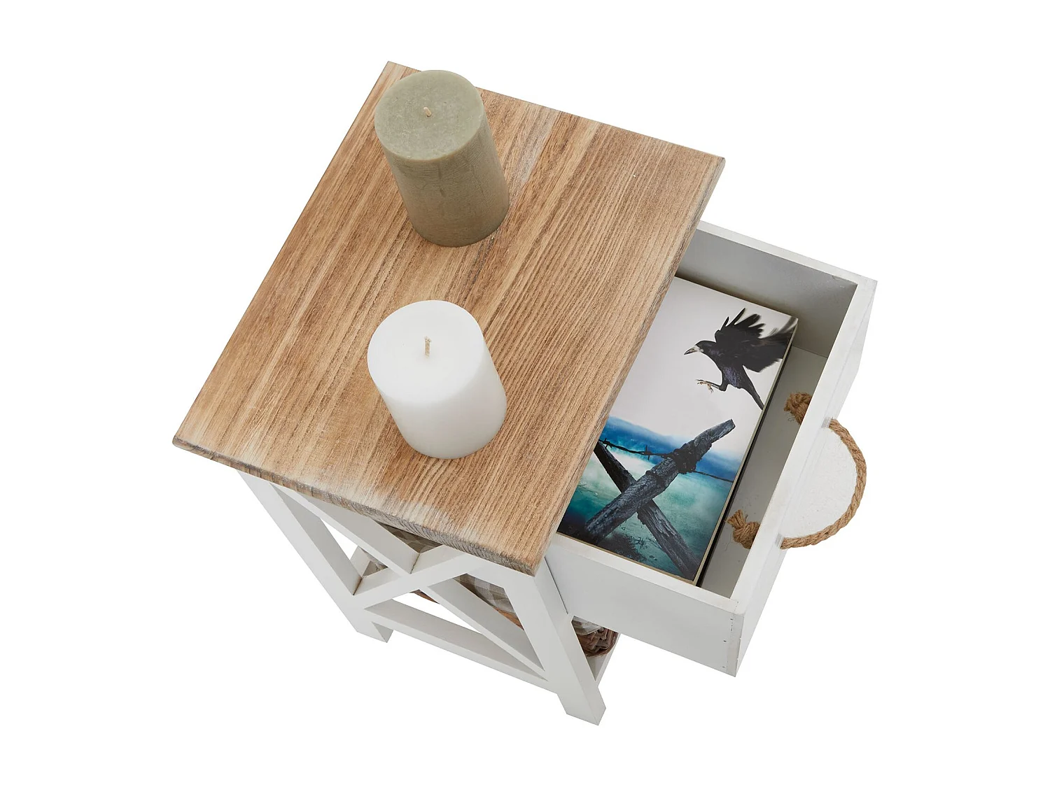 Table de chevet PERUGIA table de nuit 1 tiroir et 1 panier en bois de paulownia style shabby chic vintage rustique campagnard blanc