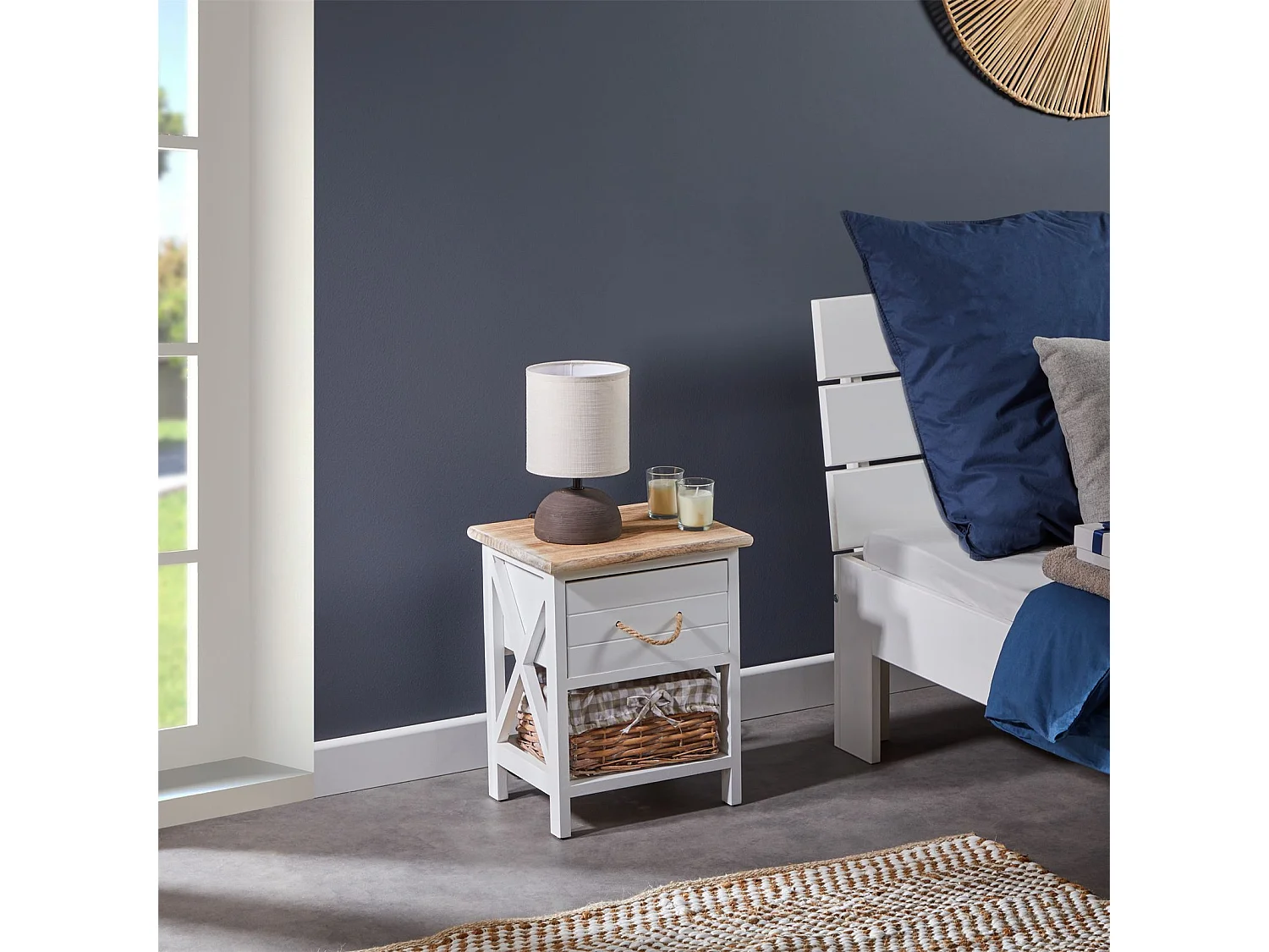 Table de chevet PERUGIA table de nuit 1 tiroir et 1 panier en bois de paulownia style shabby chic vintage rustique campagnard blanc