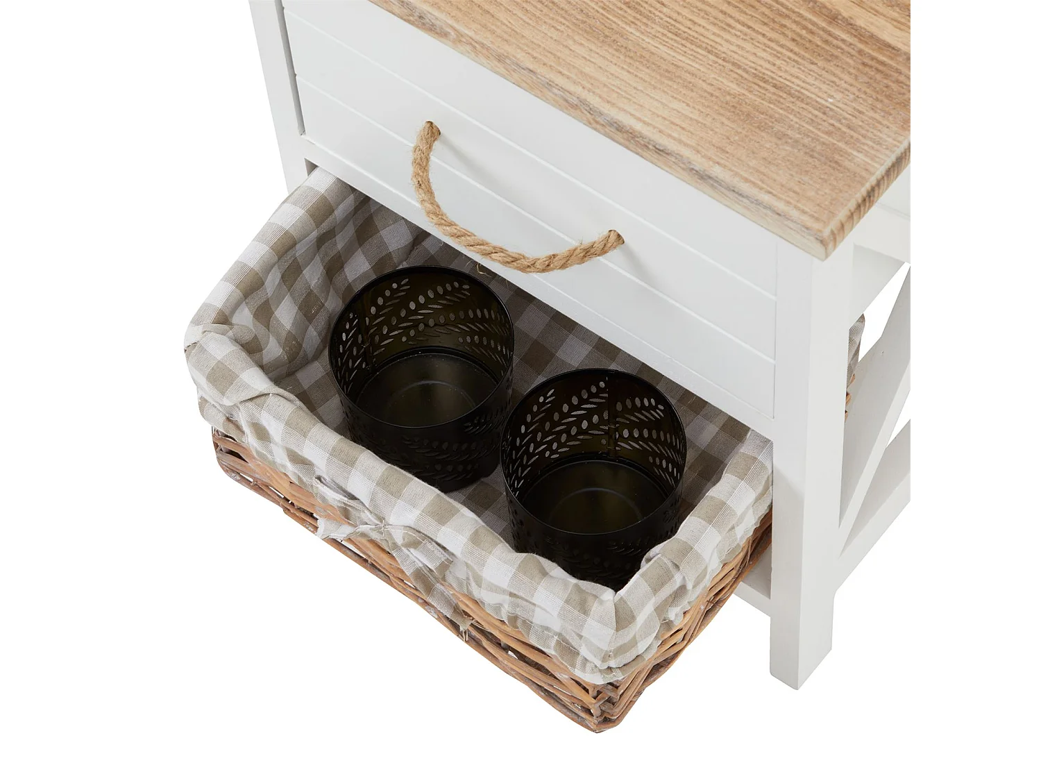 Table de chevet PERUGIA table de nuit 1 tiroir et 1 panier en bois de paulownia style shabby chic vintage rustique campagnard blanc