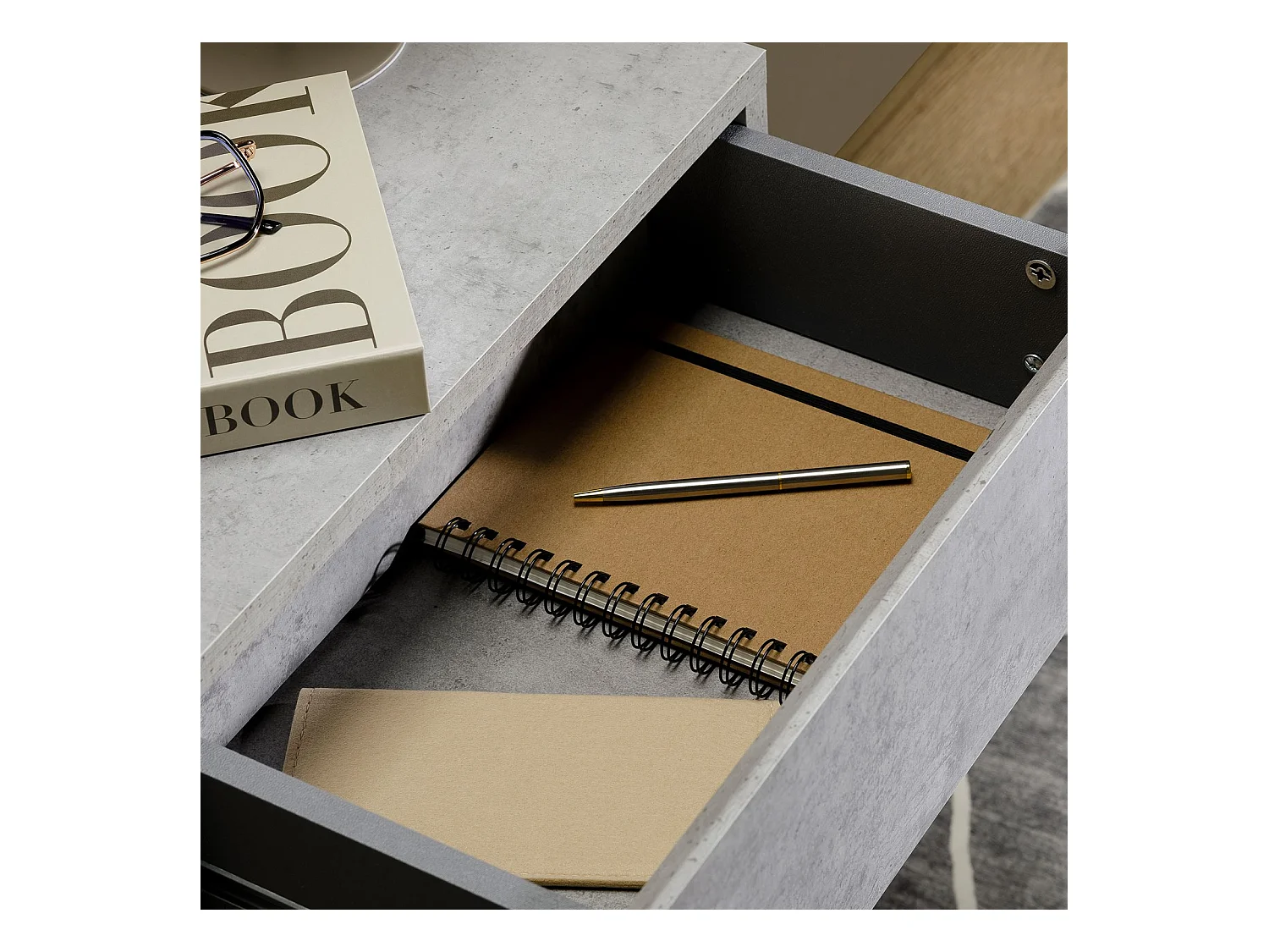 Chevet suspendu OCEANE, étagère murale avec 1 tiroir sans poignée, en bois décor béton