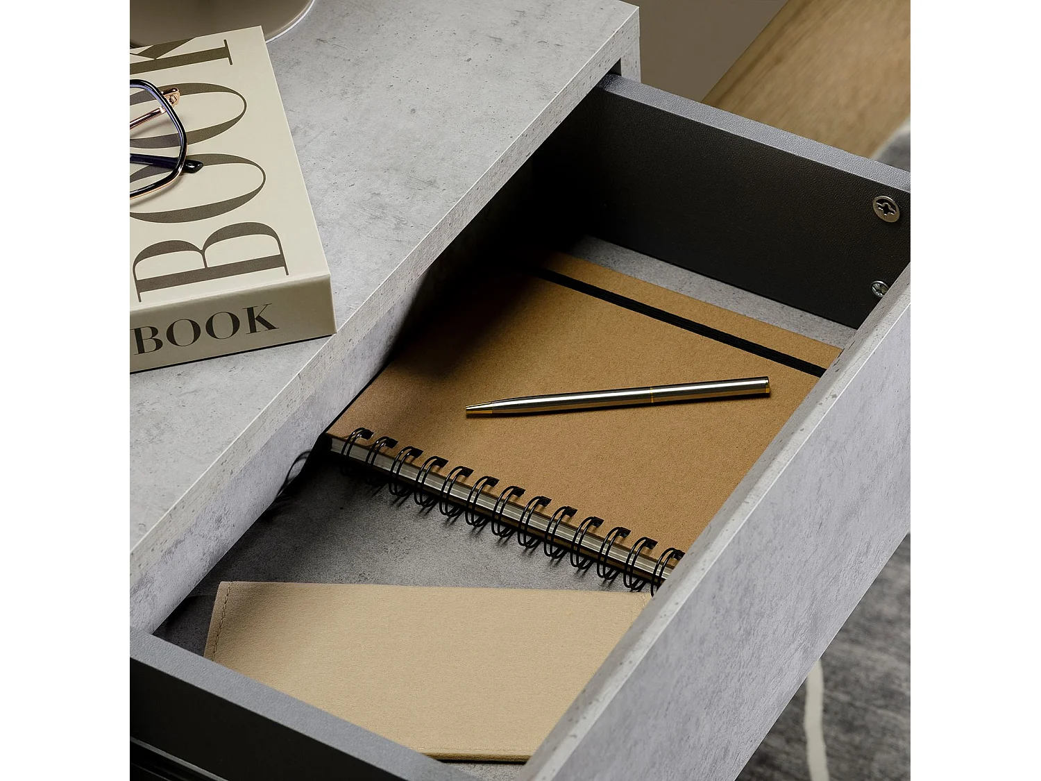 Chevet suspendu OCEANE, étagère murale avec 1 tiroir sans poignée, en bois décor béton