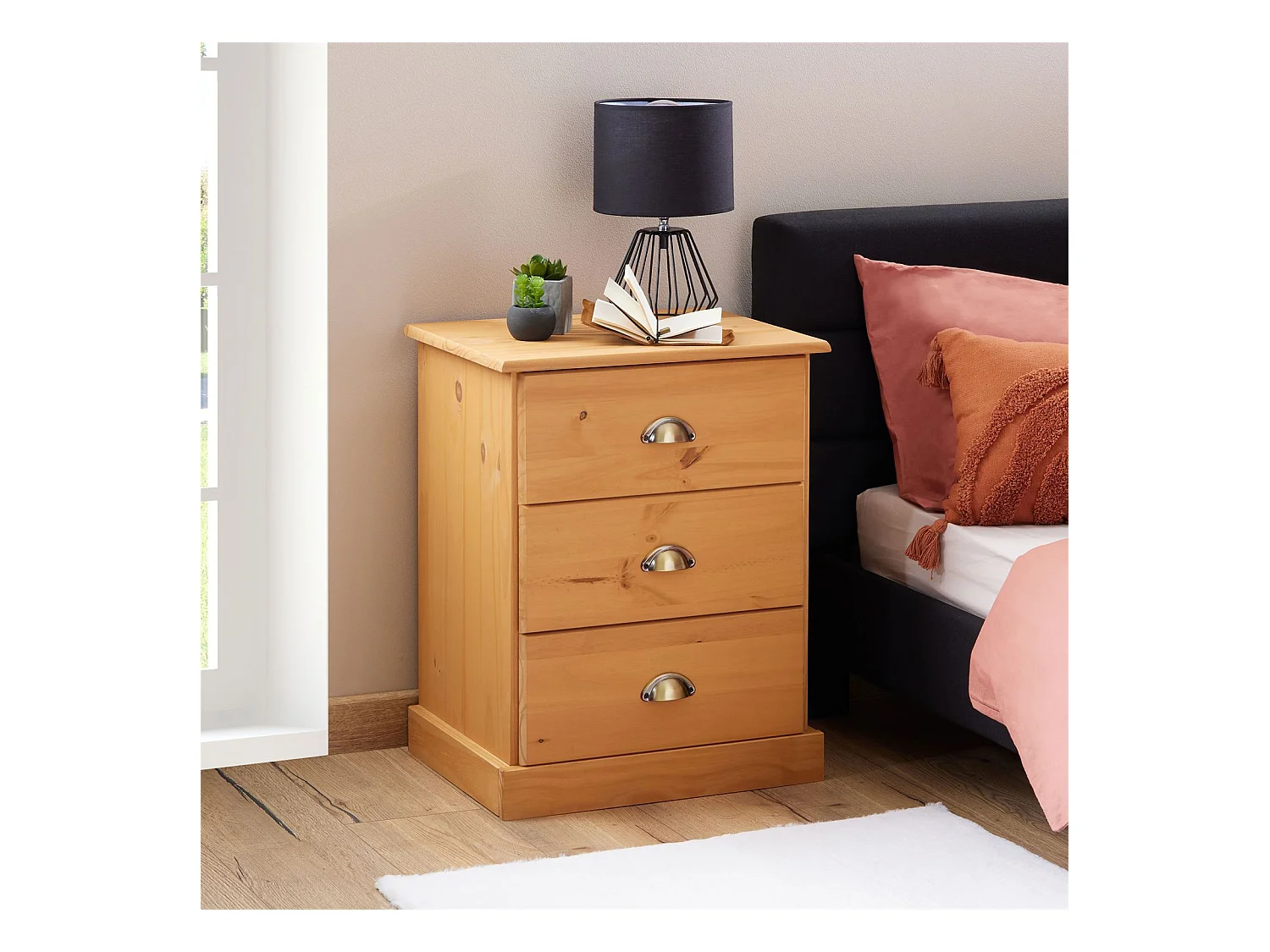 Table de chevet PARIS table de nuit avec 3 tiroirs en pin massif lasuré brun