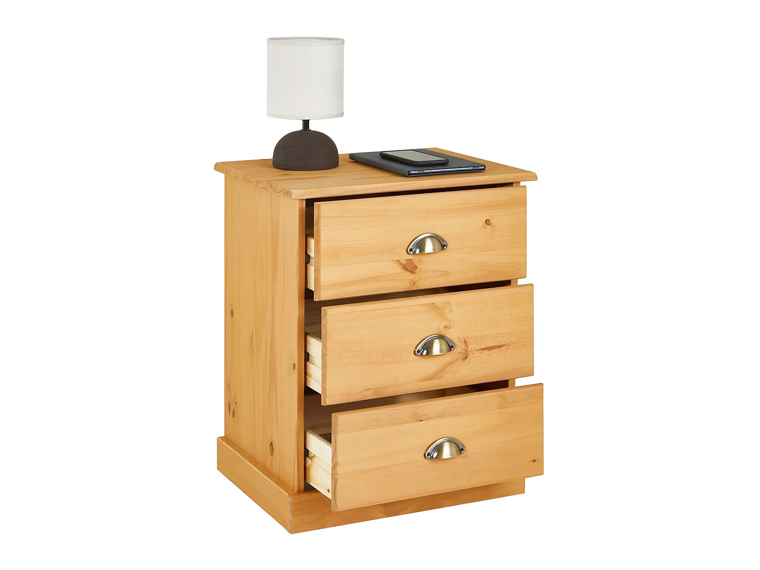 Table de chevet PARIS table de nuit avec 3 tiroirs en pin massif lasuré brun