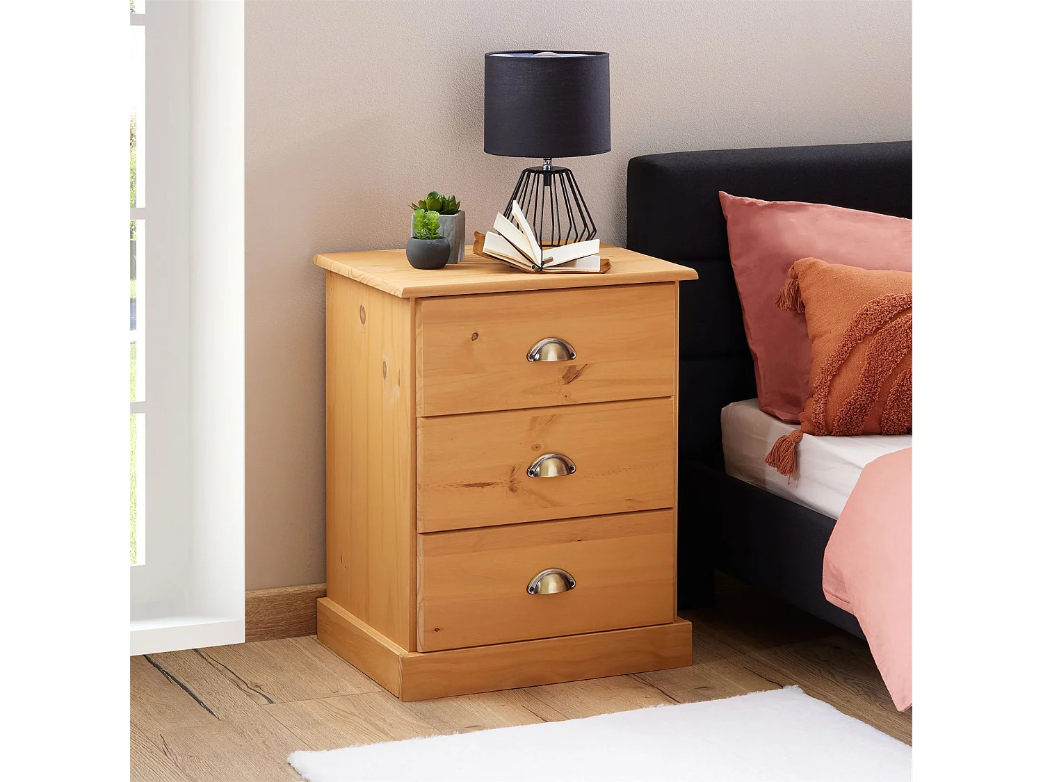 Table de chevet PARIS table de nuit avec 3 tiroirs en pin massif lasuré brun