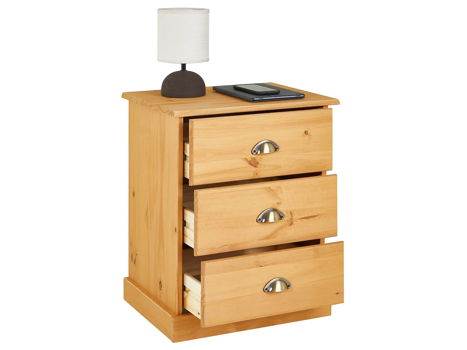 Table de chevet PARIS table de nuit avec 3 tiroirs en pin massif lasuré brun