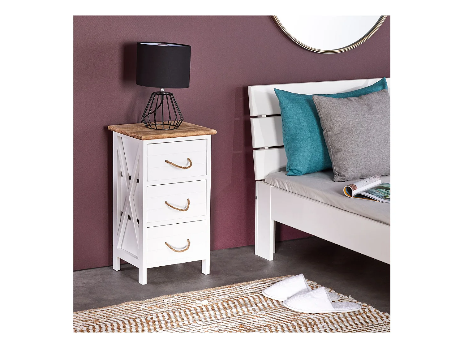 Table de chevet PERUGIA table de nuit 3 tiroirs en bois de paulownia style shabby chic vintage rustique campagnard blanc