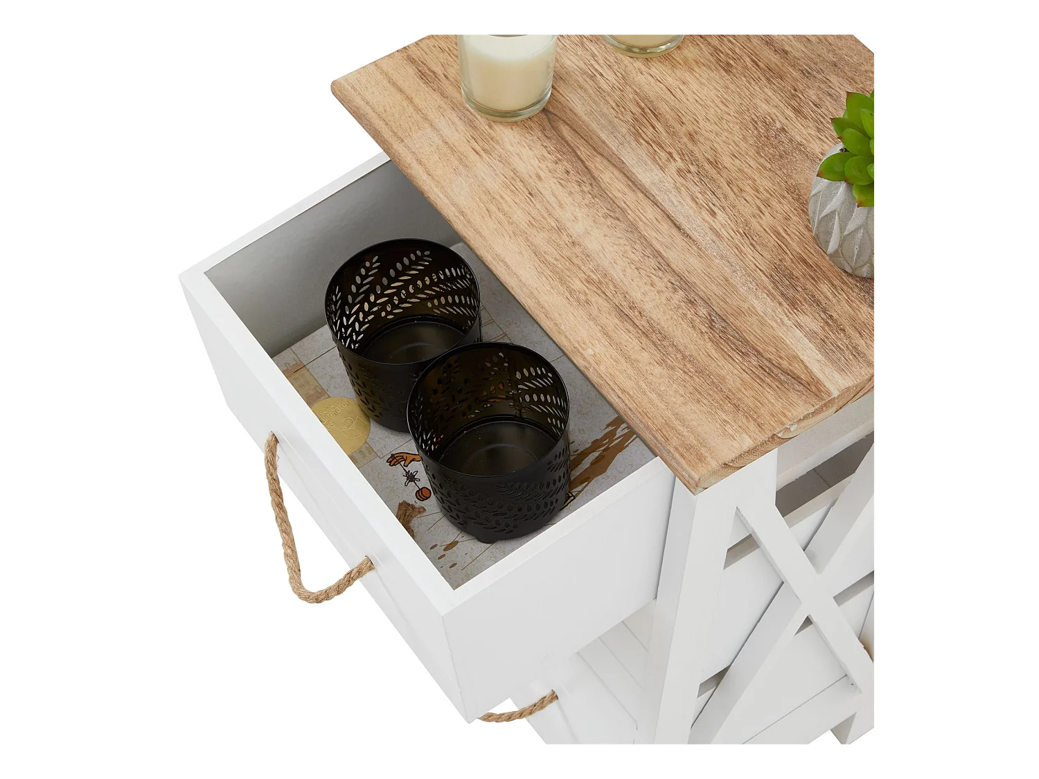 Table de chevet PERUGIA table de nuit 3 tiroirs en bois de paulownia style shabby chic vintage rustique campagnard blanc