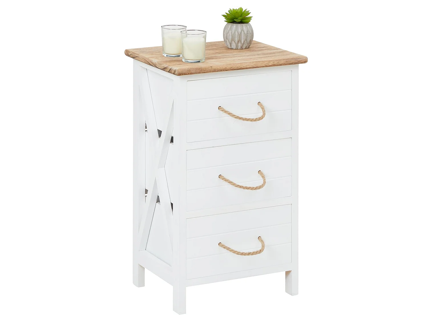 Table de chevet PERUGIA table de nuit 3 tiroirs en bois de paulownia style shabby chic vintage rustique campagnard blanc