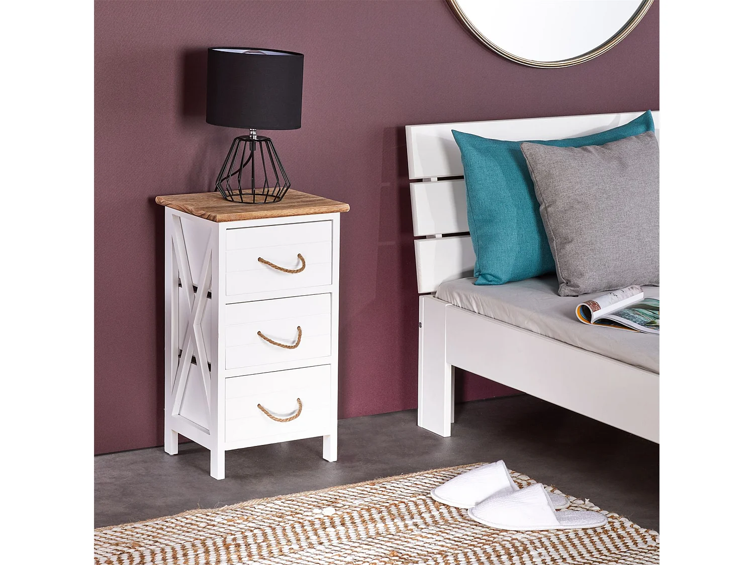 Table de chevet PERUGIA table de nuit 3 tiroirs en bois de paulownia style shabby chic vintage rustique campagnard blanc