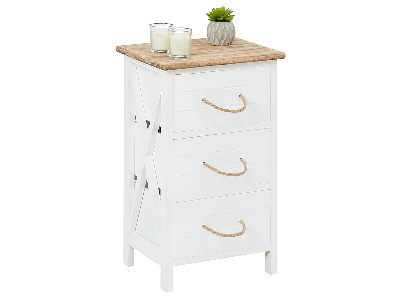 Table de chevet PERUGIA table de nuit 3 tiroirs en bois de paulownia style shabby chic vintage rustique campagnard blanc