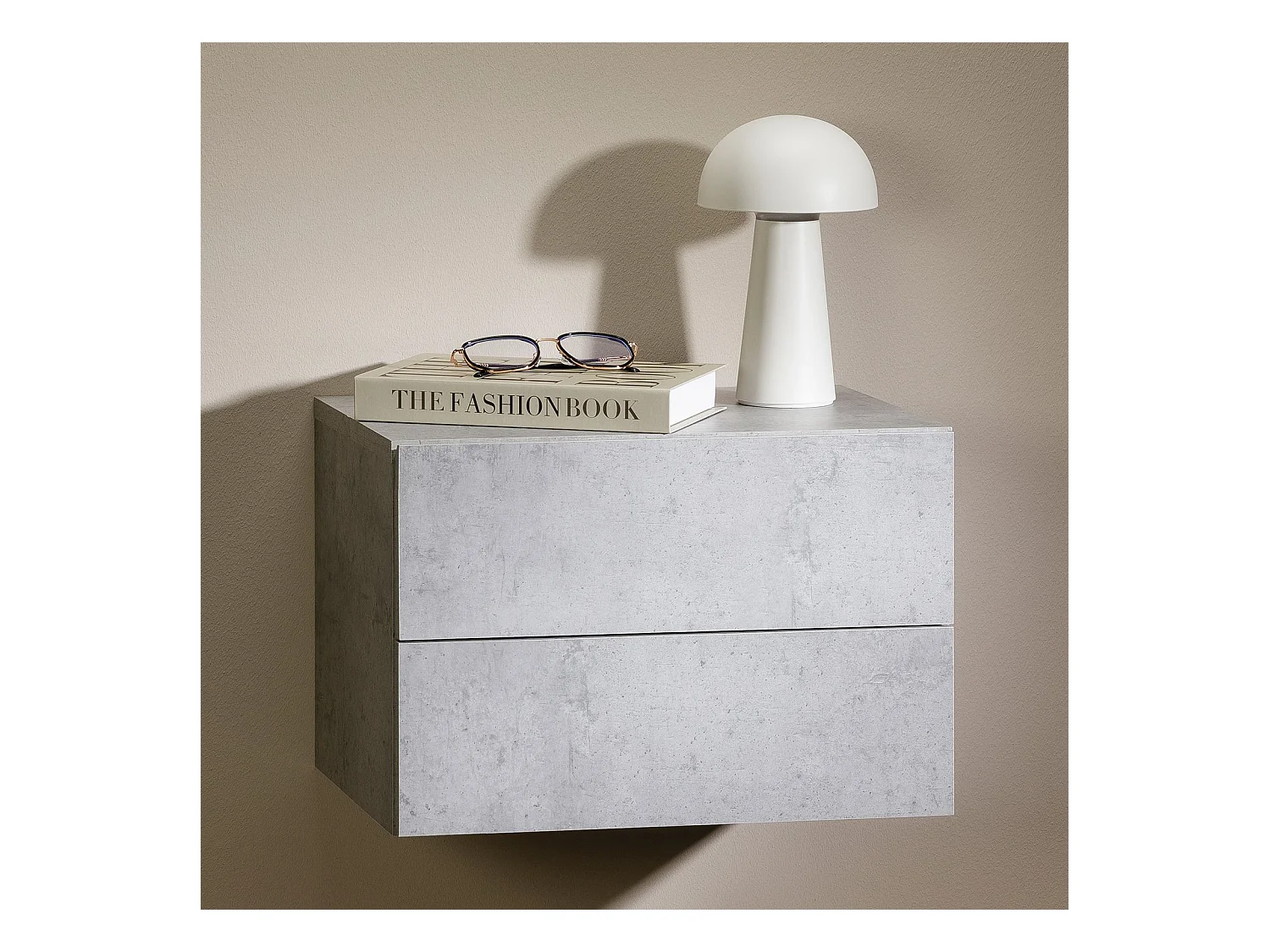 Chevet suspendu FLORENT, étagère murale avec 2 tiroirs sans poignée, en mélaminé décor béton