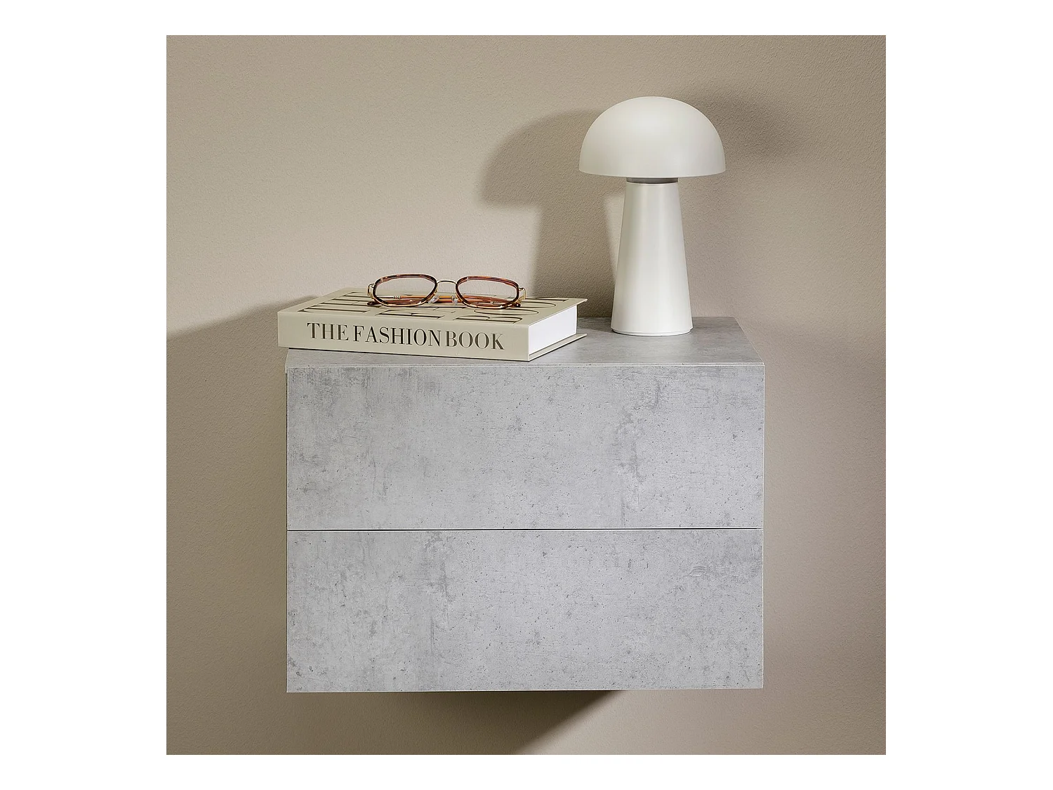 Chevet suspendu FLORENT, étagère murale avec 2 tiroirs sans poignée, en mélaminé décor béton