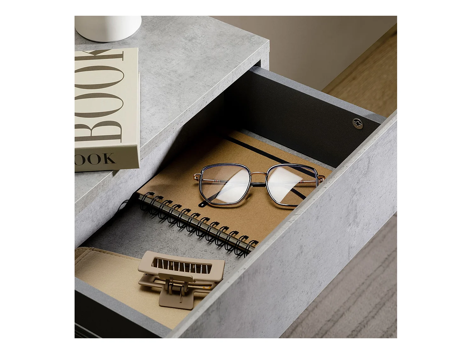 Chevet suspendu FLORENT, étagère murale avec 2 tiroirs sans poignée, en mélaminé décor béton