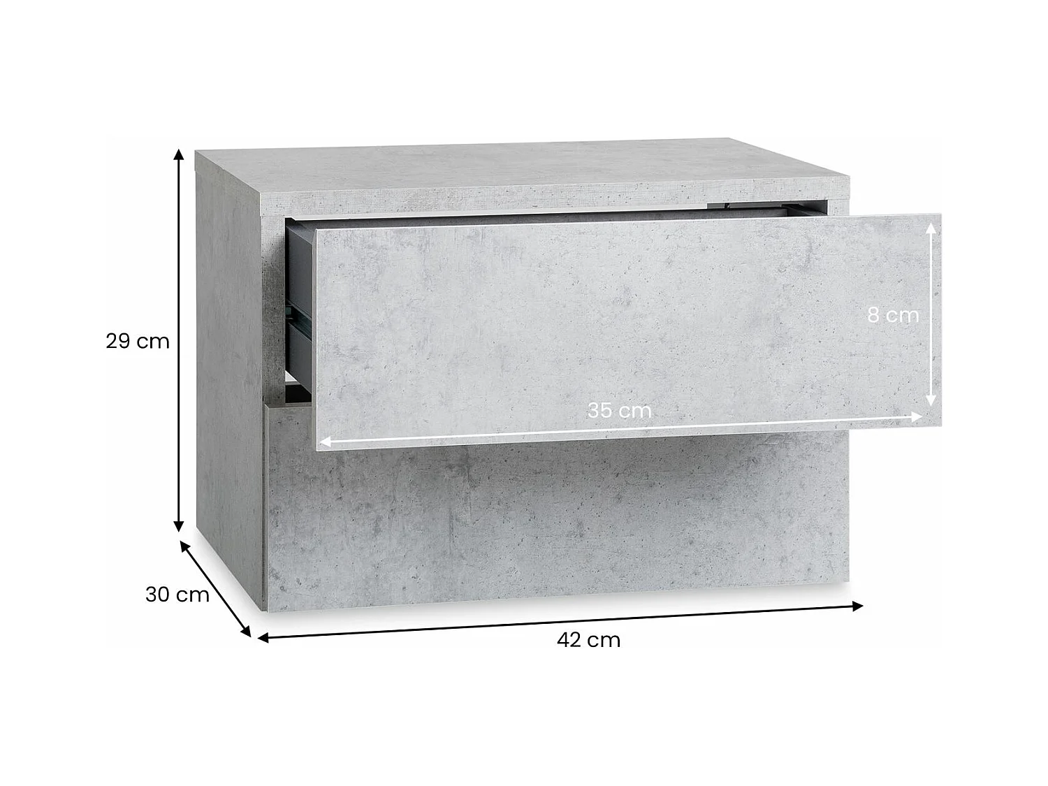 Chevet suspendu FLORENT, étagère murale avec 2 tiroirs sans poignée, en mélaminé décor béton