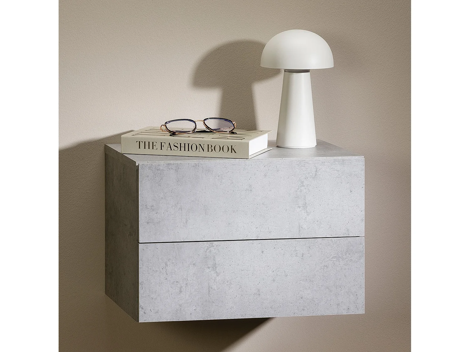 Chevet suspendu FLORENT, étagère murale avec 2 tiroirs sans poignée, en mélaminé décor béton