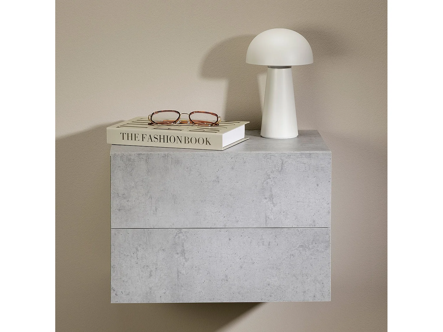 Chevet suspendu FLORENT, étagère murale avec 2 tiroirs sans poignée, en mélaminé décor béton