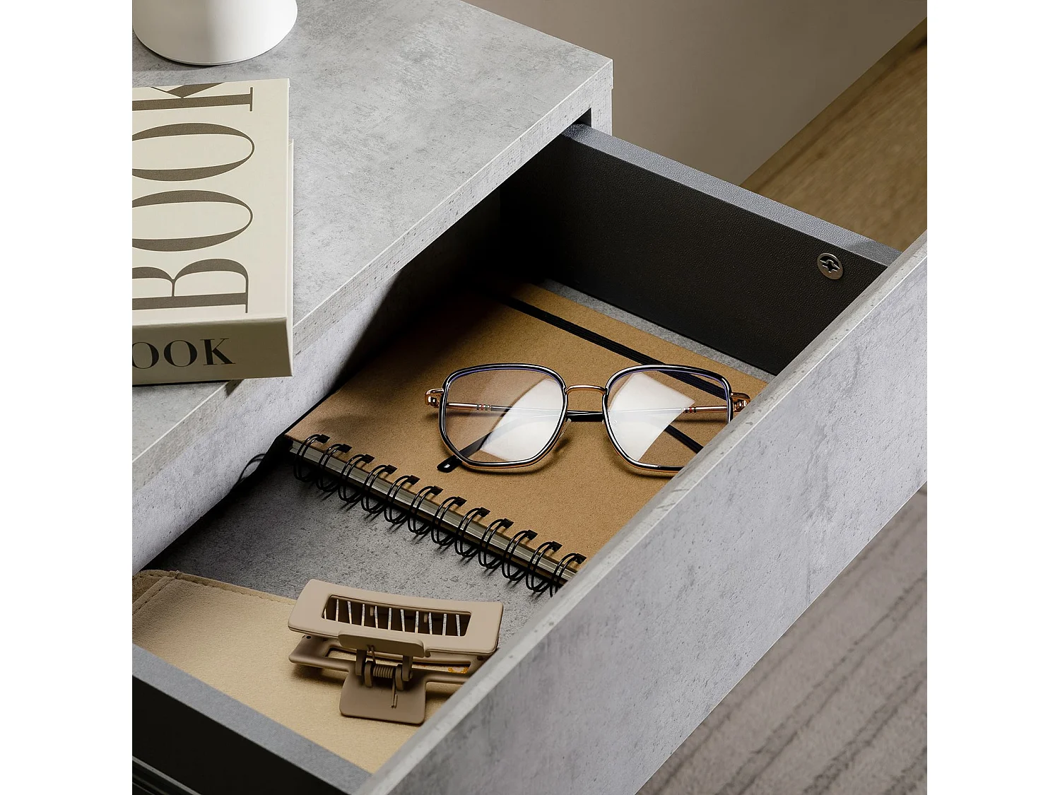 Chevet suspendu FLORENT, étagère murale avec 2 tiroirs sans poignée, en mélaminé décor béton