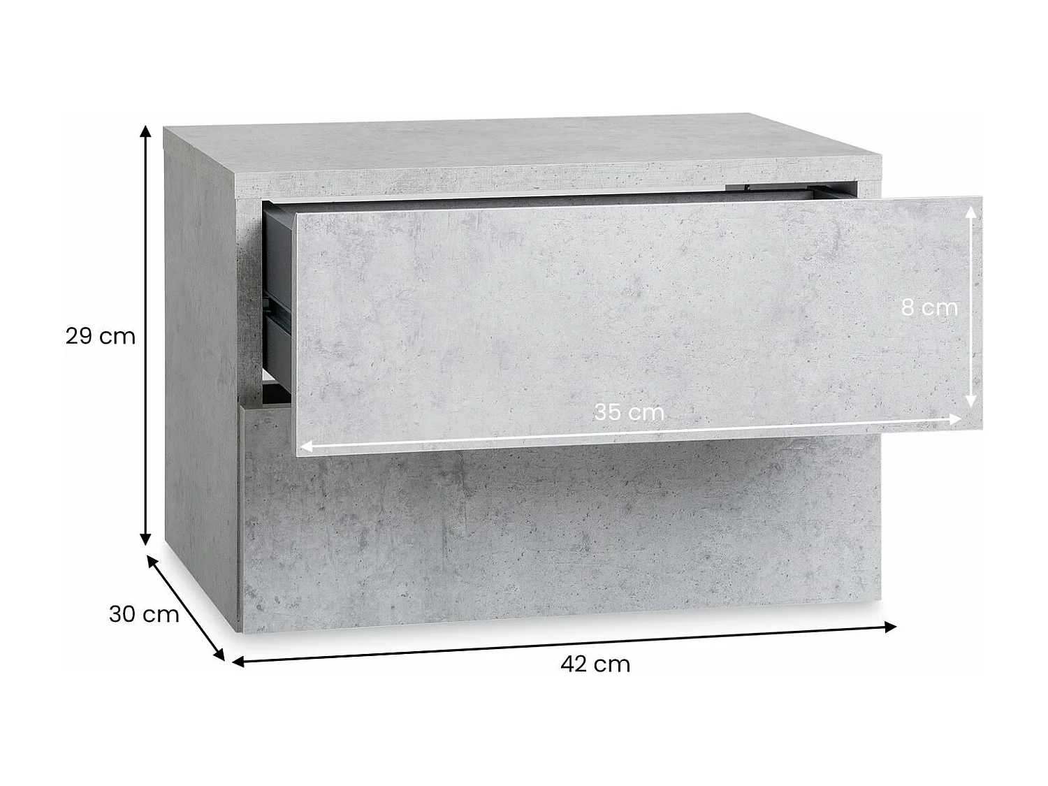 Chevet suspendu FLORENT, étagère murale avec 2 tiroirs sans poignée, en mélaminé décor béton