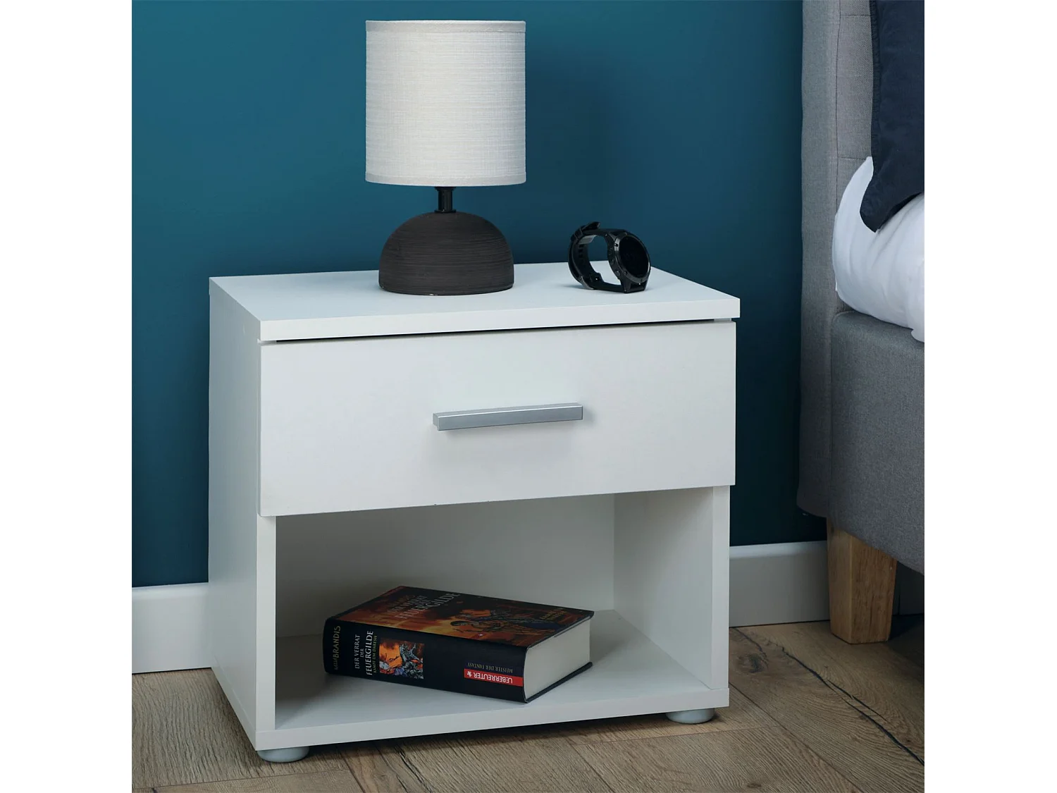 Table de chevet MAEL, table de nuit casier avec 1 tiroir et 1 niche, en mélaminé blanc mat