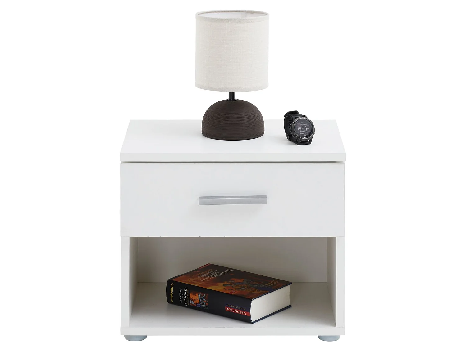 Table de chevet MAEL, table de nuit casier avec 1 tiroir et 1 niche, en mélaminé blanc mat