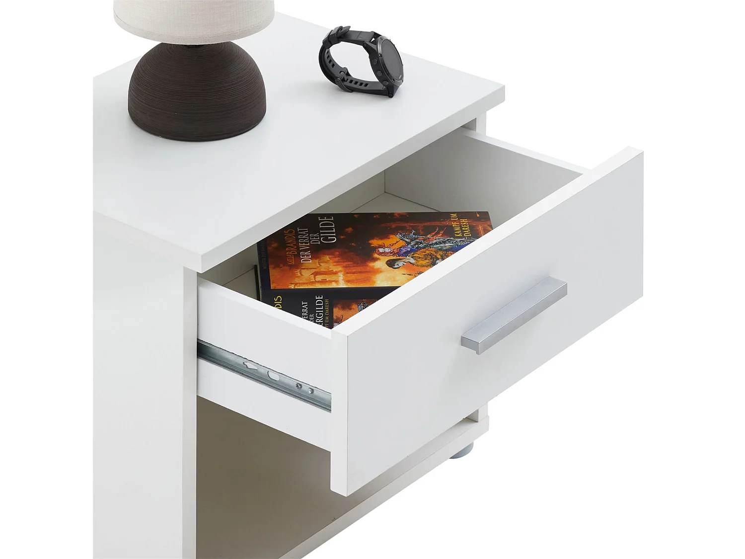 Table de chevet MAEL, table de nuit casier avec 1 tiroir et 1 niche, en mélaminé blanc mat